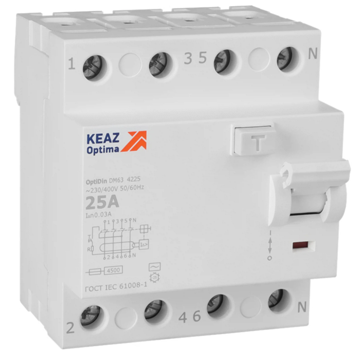 Изображение товара Устройство защитного отключения КЭАЗ OptiDin DM63-4225-AC-4,5-УХЛ4 4P 25А 30мА