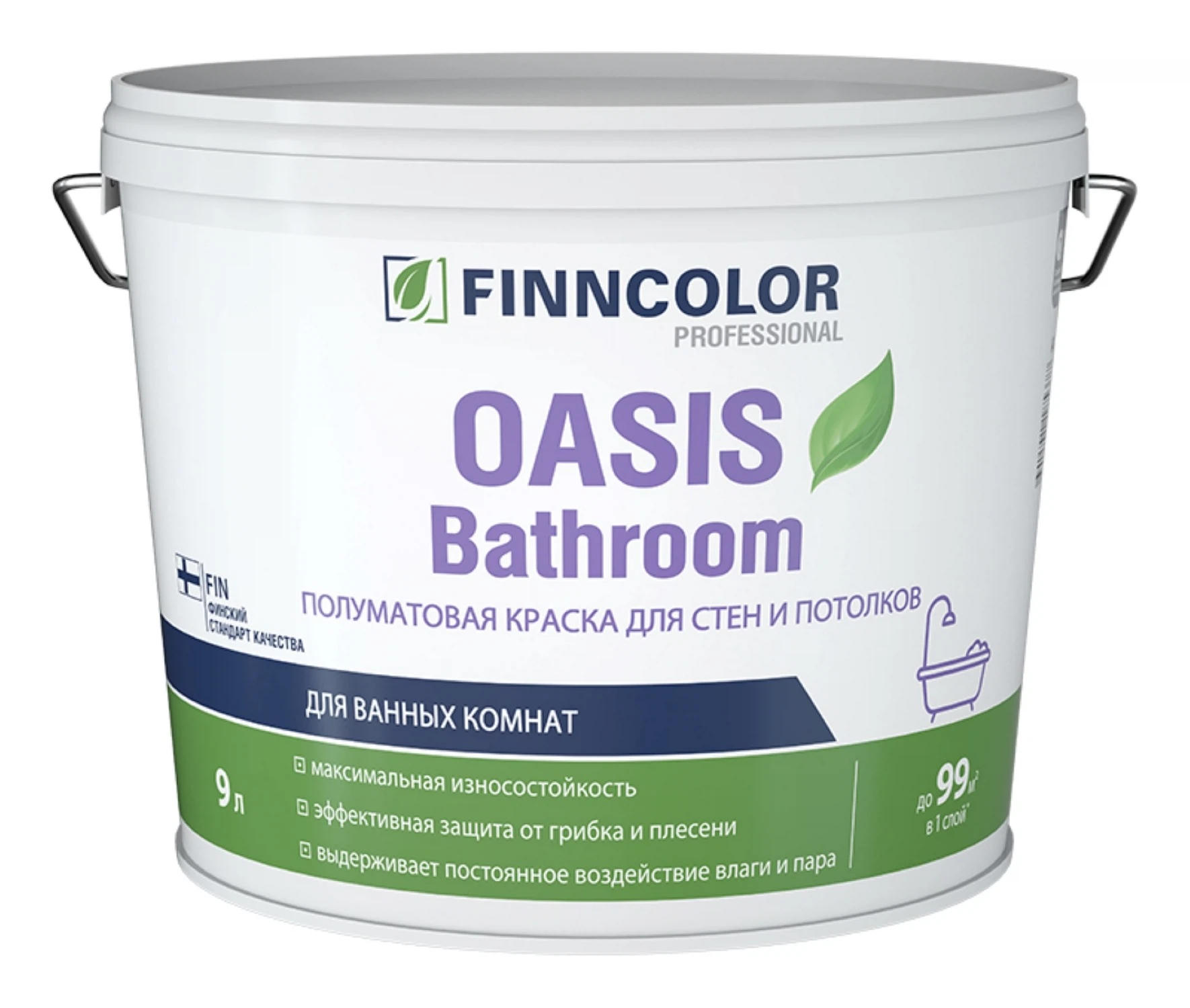 Изображение товара Краска FINNCOLOR OASIS BATHROOM влагостойкая для влажных помещений полуматовая, база A (9л) Изображение товара Краска FINNCOLOR OASIS BATHROOM влагостойкая для влажных помещений полуматовая, база A (9л)