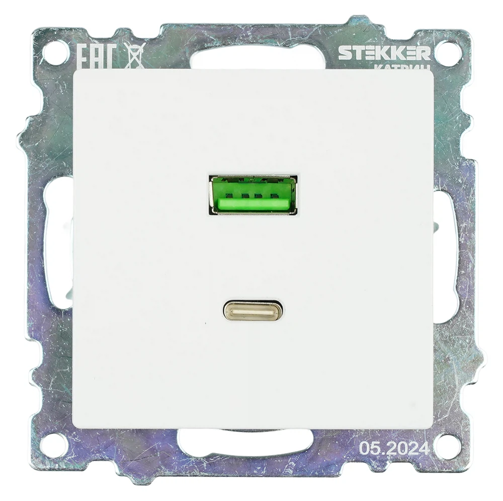 Изображение товара Розетка USB 2-местная + type C (механизм), STEKKER GLS10-7116-01, 250В, 3А, max 20W, серия Катрин, белый
