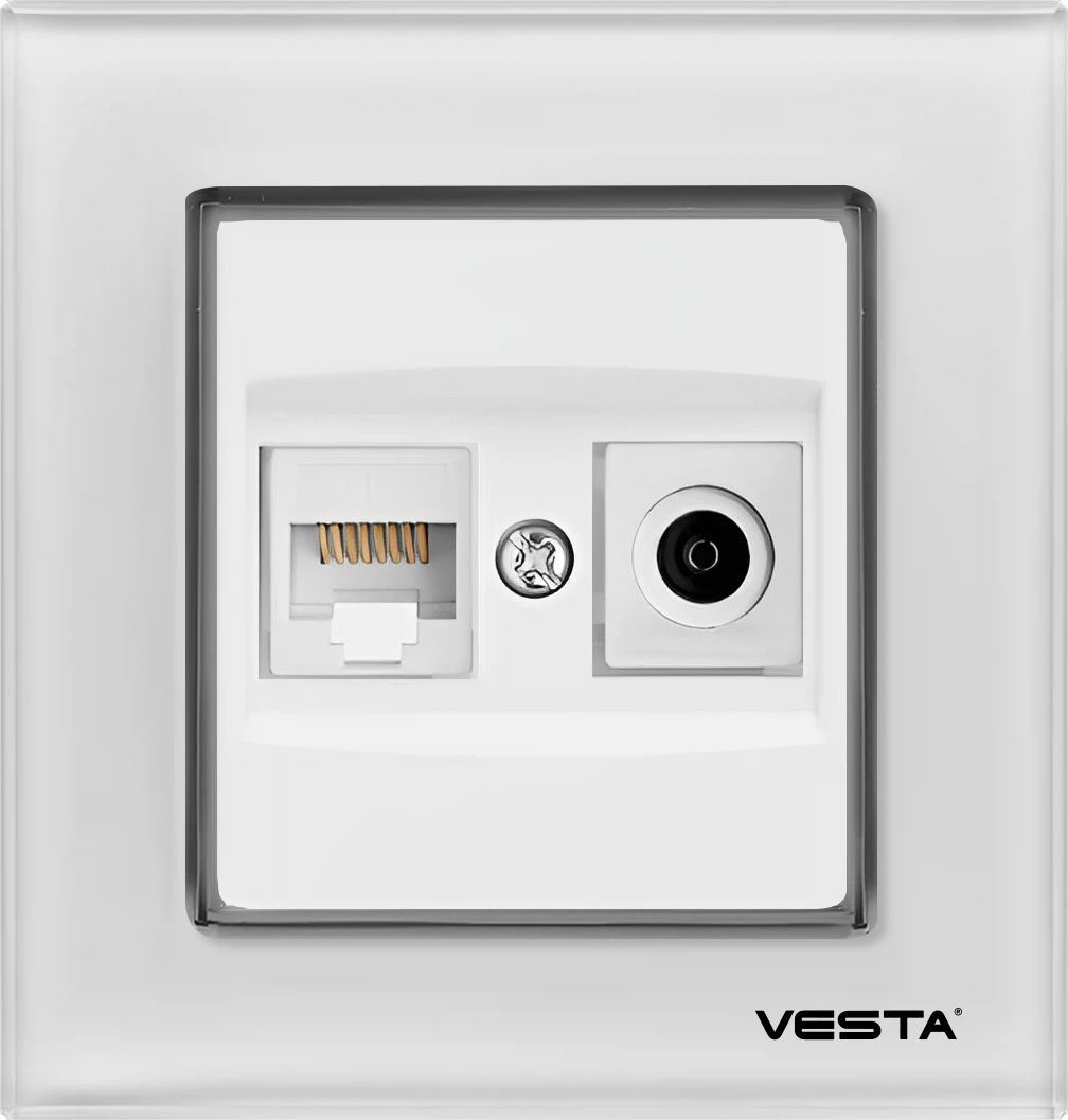Изображение товара Розетка в рамке из закаленного стекла Vesta-Electric Exclusive White для сетевого кабеля LAN + TV
