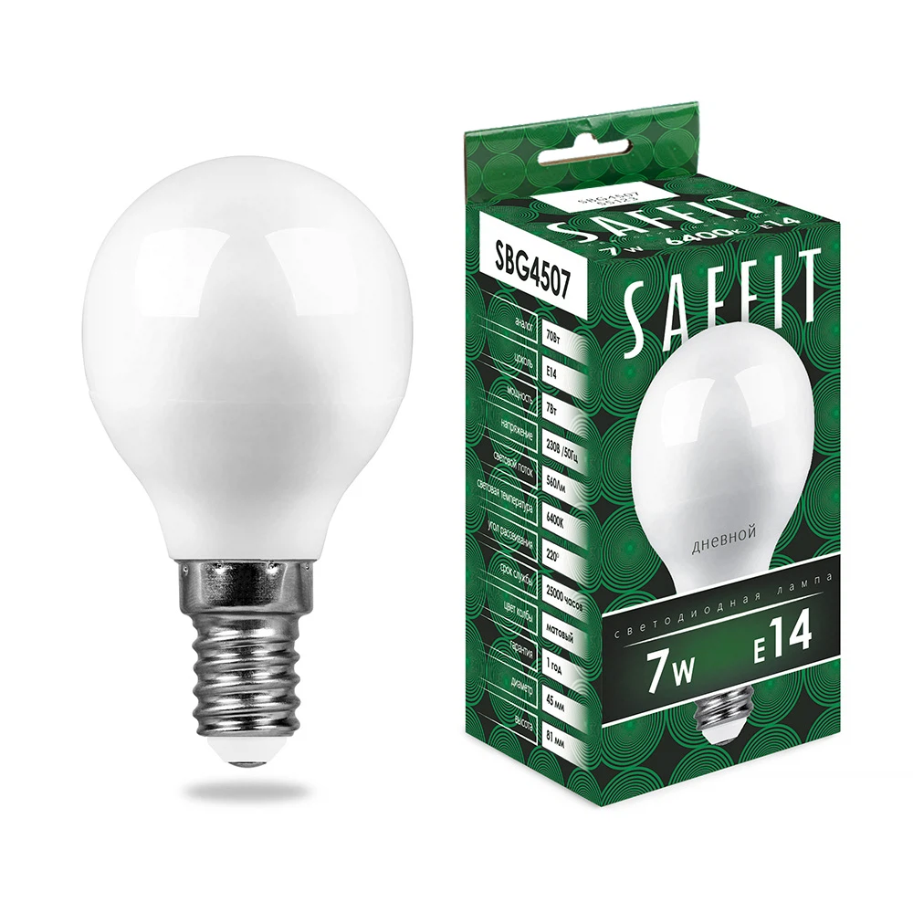 Изображение товара Светодиодная лампа SAFFIT SBG4507 7Вт E14 шарик 6400К холодный свет