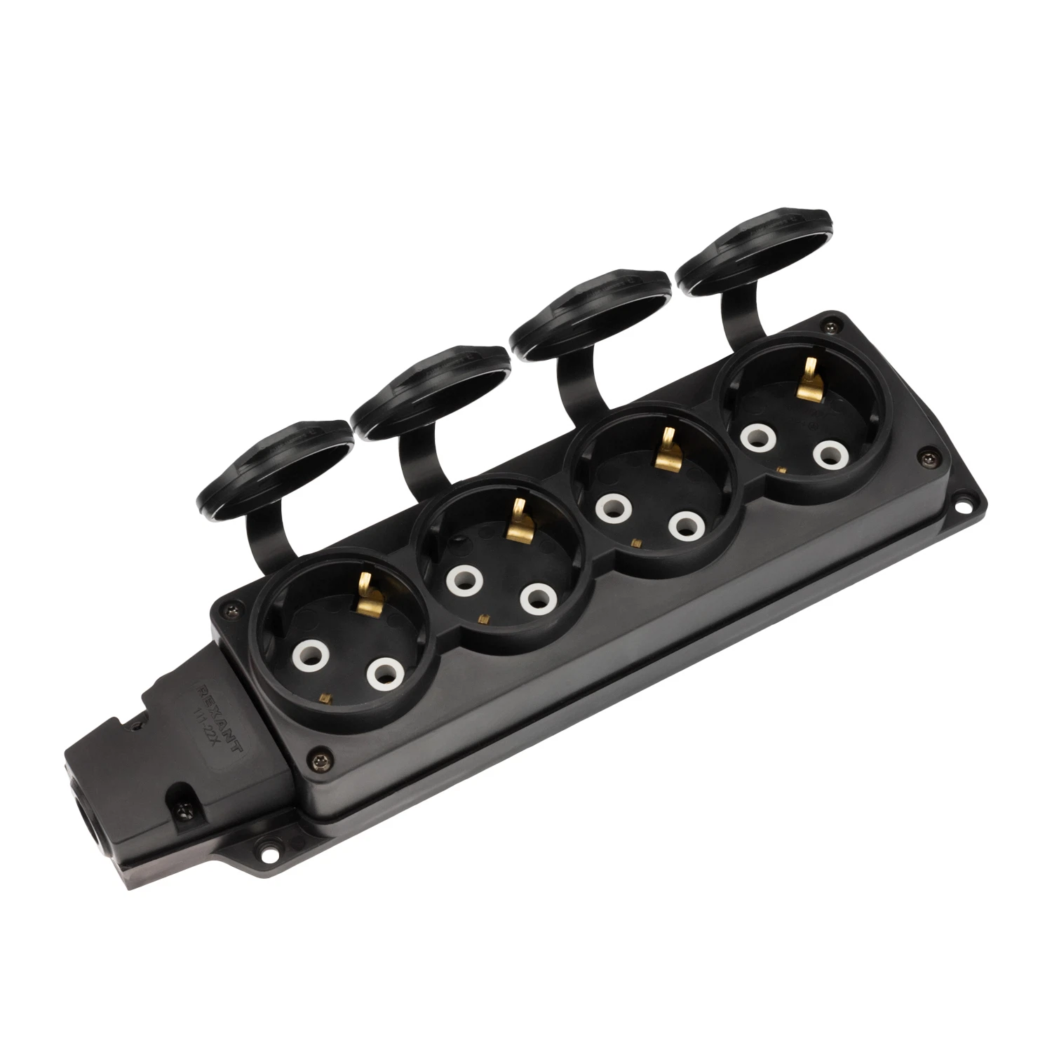 Изображение товара Розетка (колодка) влагозащищенная с крышкой 4 гнезда COMPACT, с/з, 16А, IP54, каучук, черная REXANT