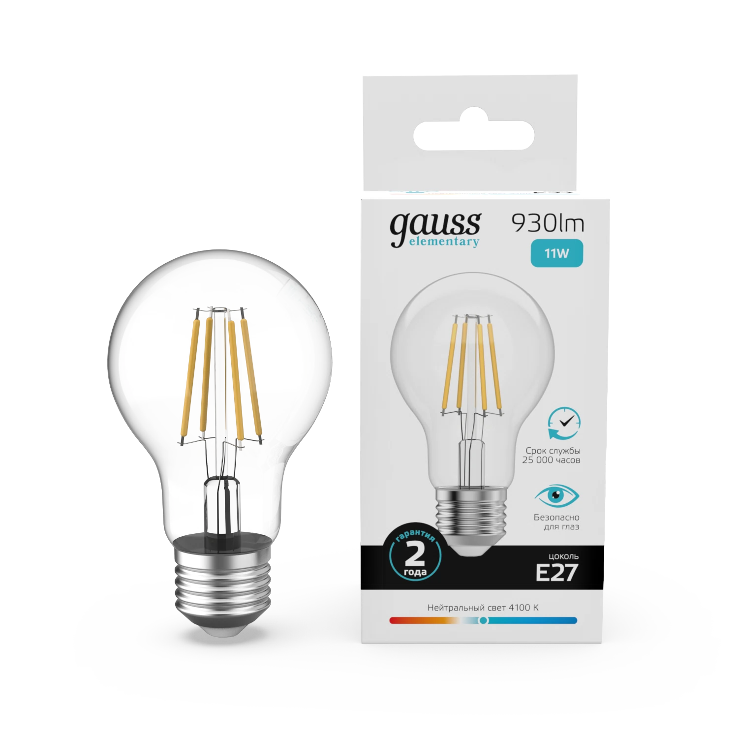 Изображение товара Лампа Gauss Filament Elementary А60 11W 930lm 4100К Е27 LED 1/10/50 Изображение товара Лампа Gauss Filament Elementary А60 11W 930lm 4100К Е27 LED 1/10/50