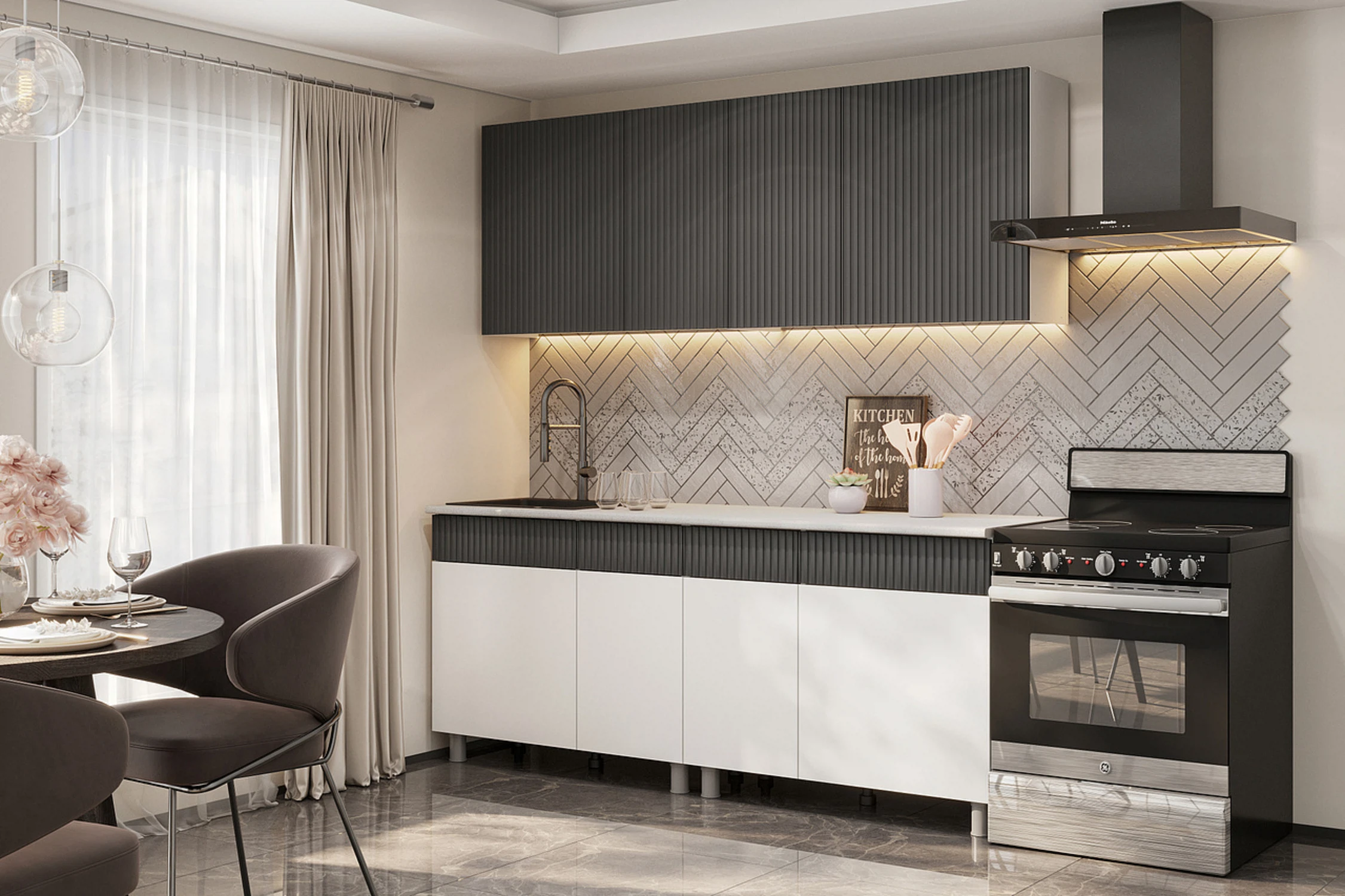 Изображение товара Кухонный гарнитур София 2м в цвете Белый, Бланж, Графит матовый, Гранит белый от Арника Мебель