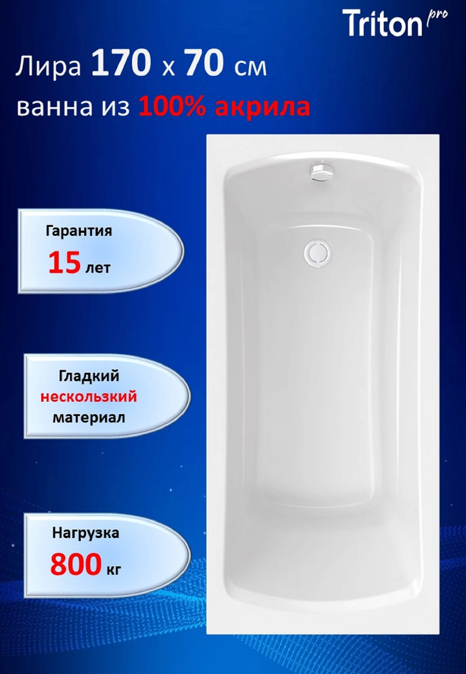 Изображение товара Акриловая ванна Triton-PRO Лира 170х70 с гарантией 15 лет и антибактериальным покрытием