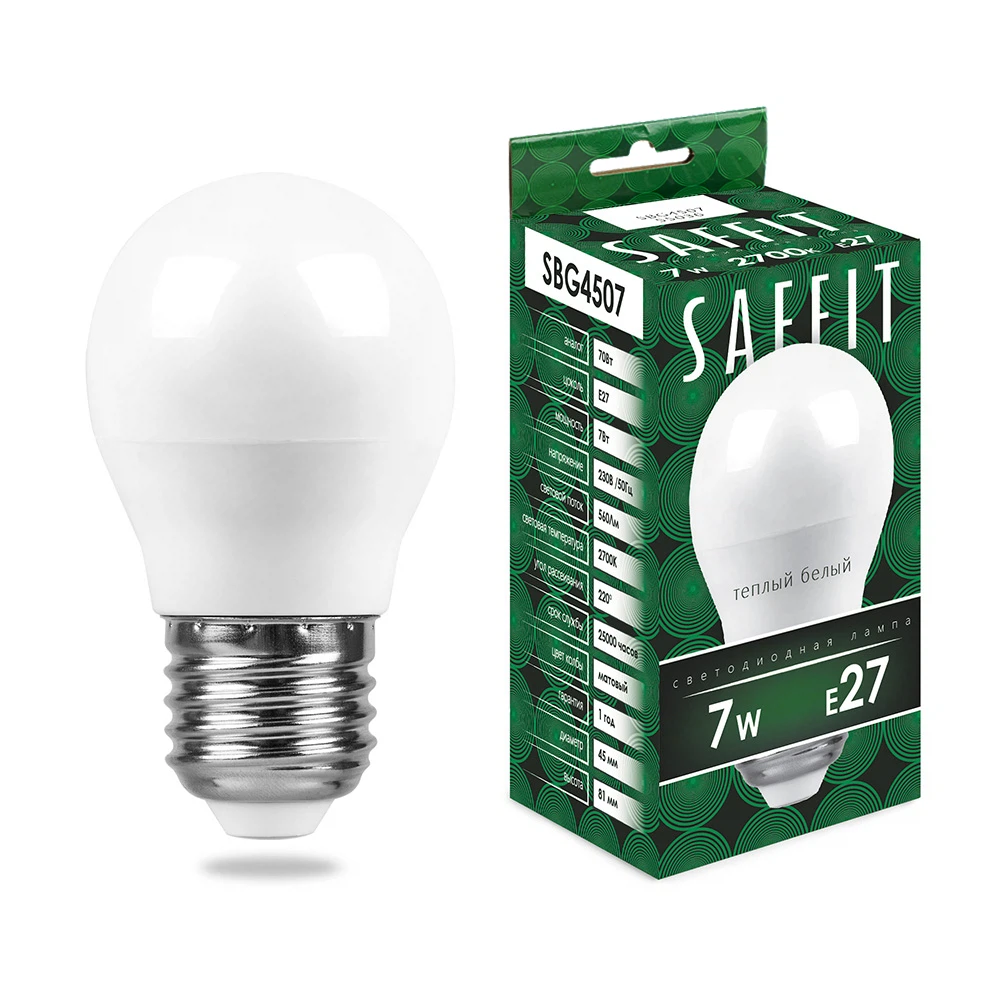 Изображение товара Лампа светодиодная SAFFIT SBG4507 Шарик E27 7W 230V 2700K