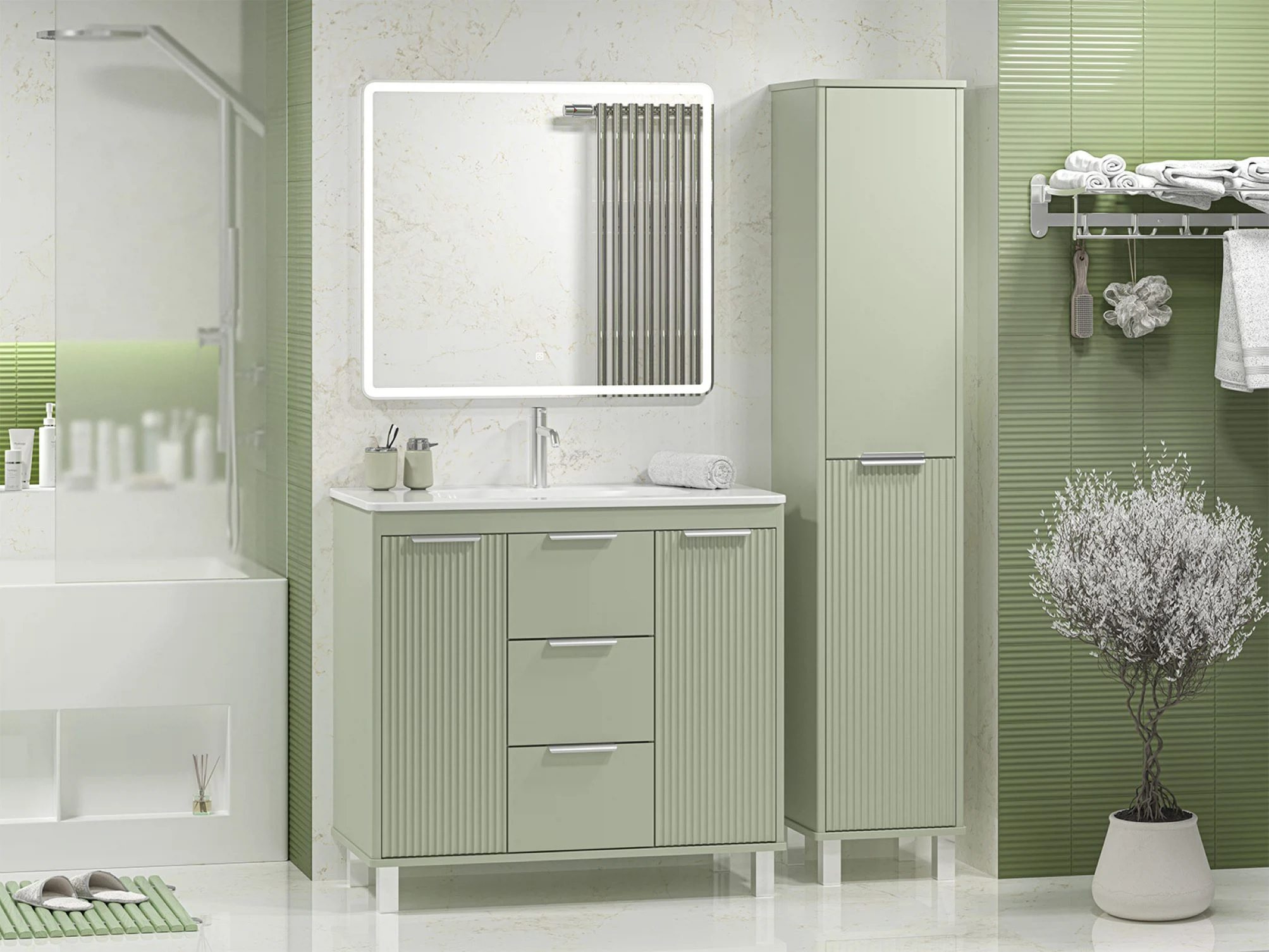 Изображение товара Тумба напольная Brevita RISACCA pistachio - 90 (фисташка) 2 дв. 3 ящ. мат. эмаль + раковина