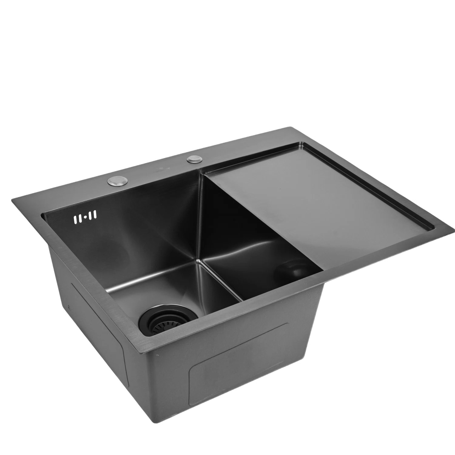Изображение товара Мойка для кухни нержавеющая 65х50, с PVD покрытием графит, с правым крылом. Сифон с ситечком. WS36550B-L/WGER019B