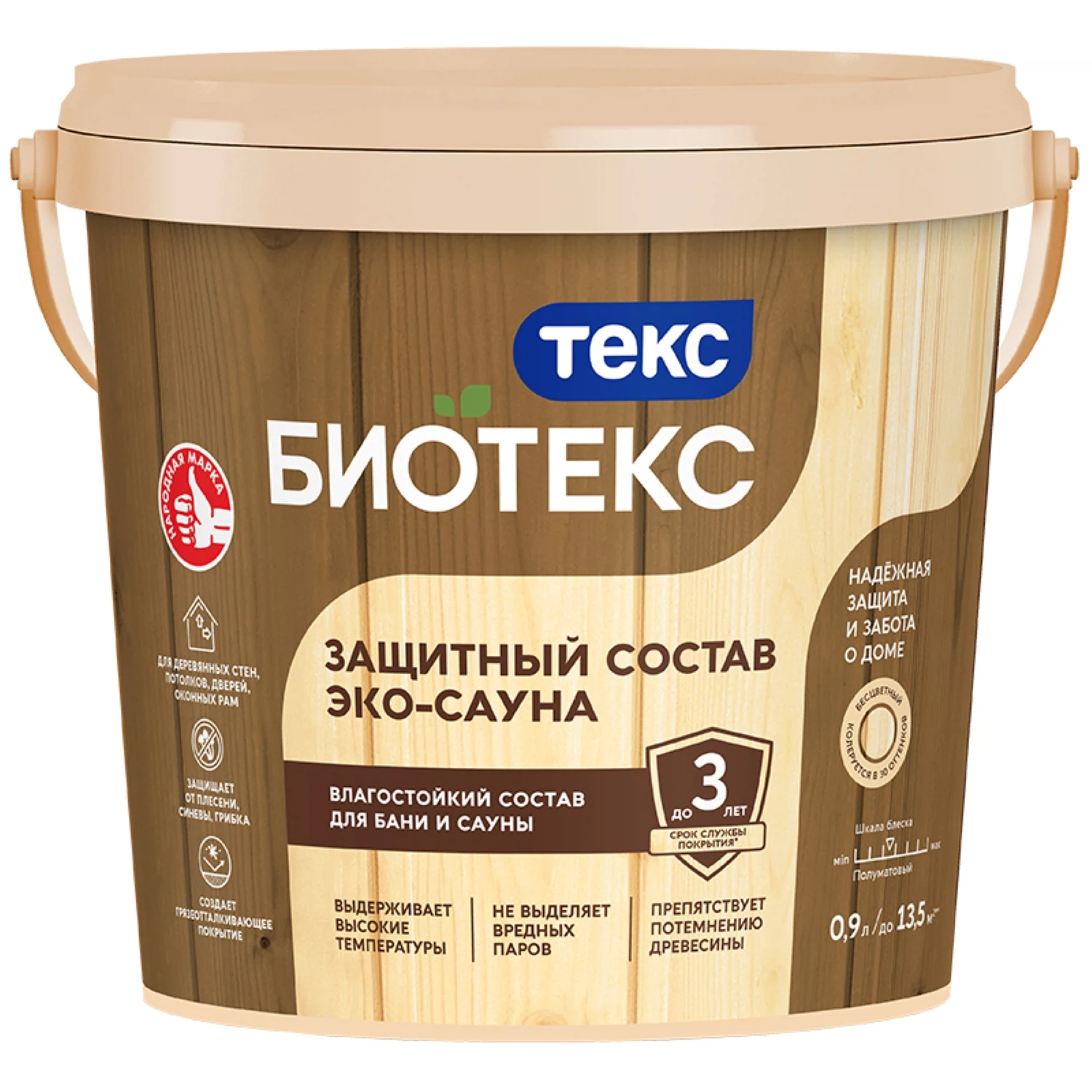 Изображение товара Защитный состав ТЕКС BIOTEKS ЭКО-САУНА термостойкий, водорастворимый, полуматовый (0,9л) Изображение товара Защитный состав ТЕКС BIOTEKS ЭКО-САУНА термостойкий, водорастворимый, полуматовый (0,9л)