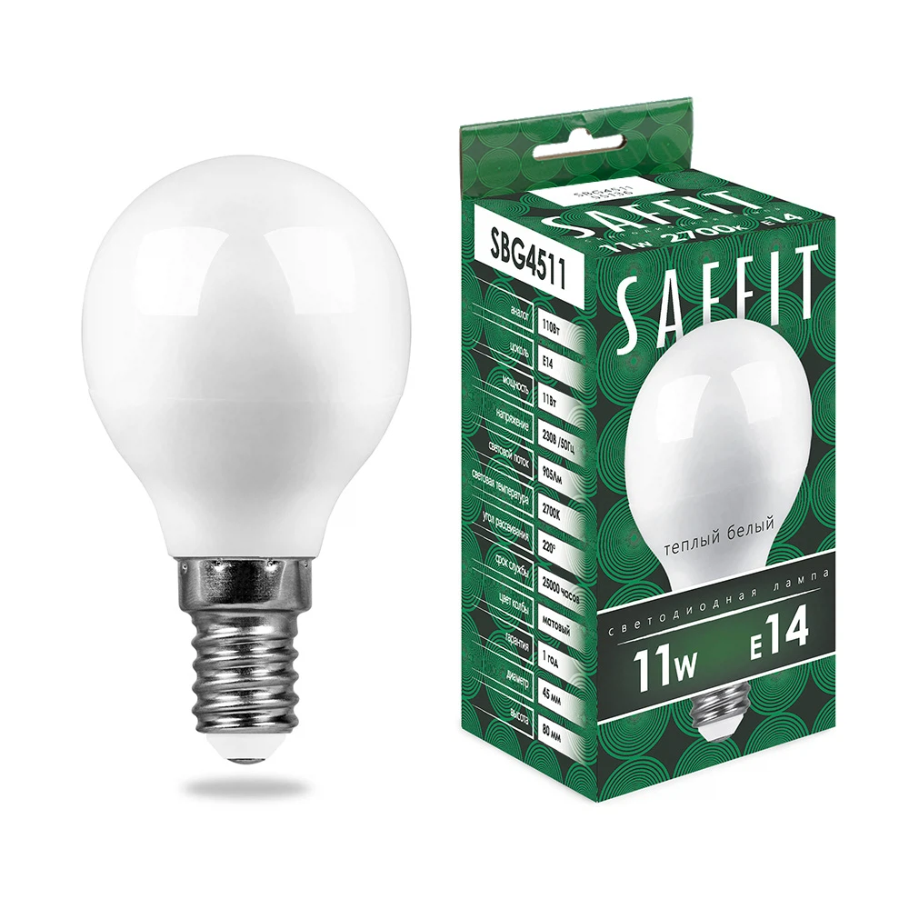 Изображение товара Лампа светодиодная SAFFIT SBG4511 Шарик E14 11W 230V 2700K