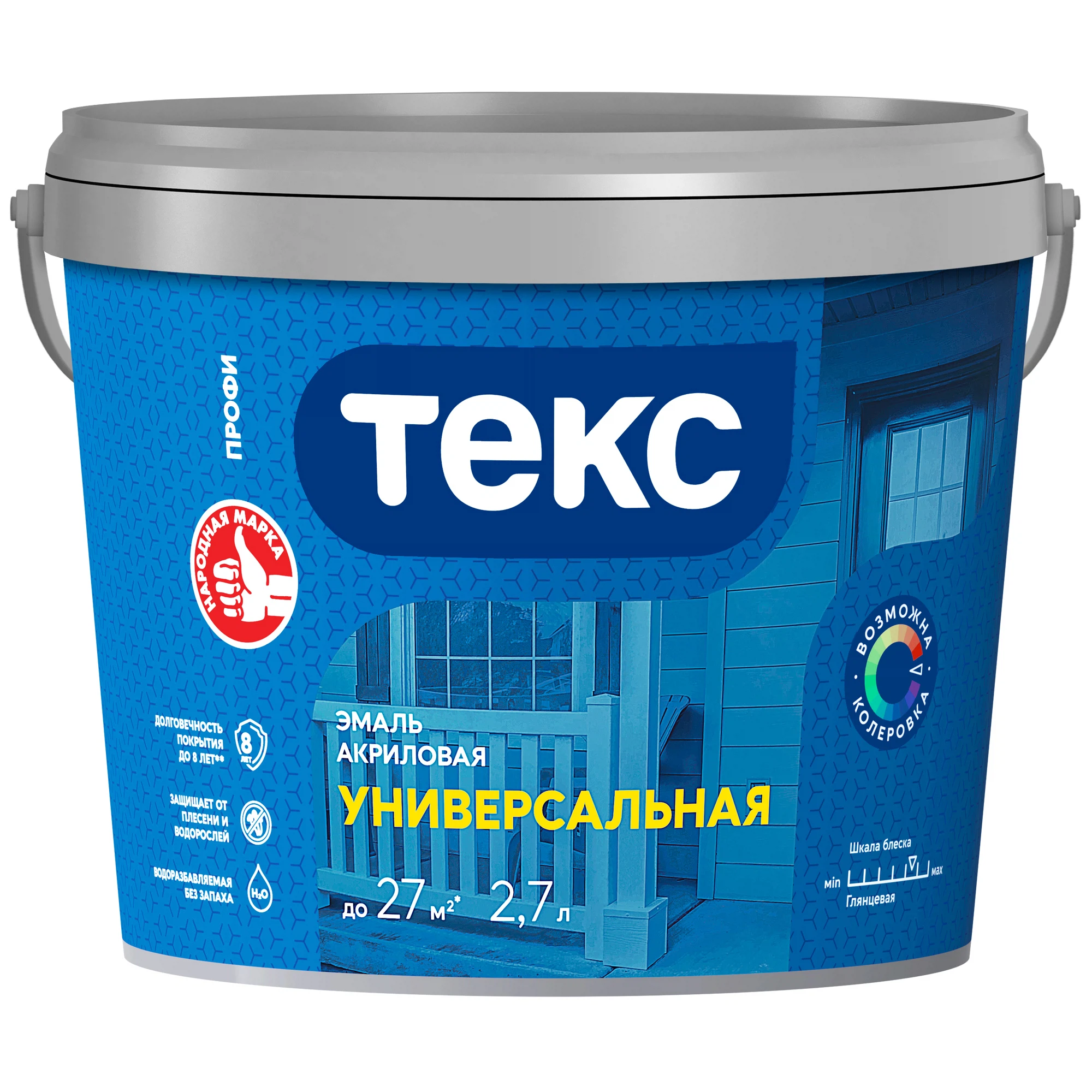 Изображение товара Эмаль ТЕКС ПРОФИ АКРИЛОВАЯ УНИВЕРСАЛЬНАЯ водоразбавляемая, глянцевая, база A (2,7л)