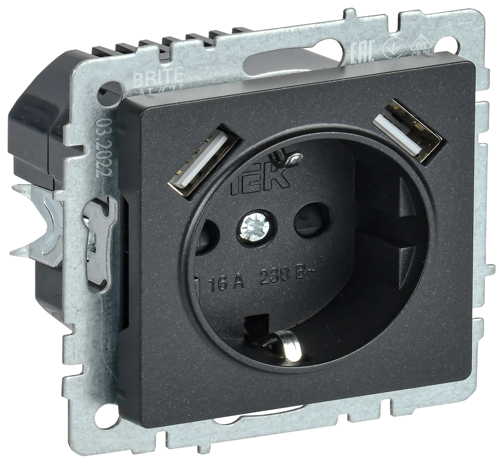Изображение товара Розетка с з/к/ш 16А с USB A+A IEK BRITE BASE Черный 2,1А РЮш10-1-БрЧ. Изображение товара Розетка с з/к/ш 16А с USB A+A IEK BRITE BASE Черный 2,1А РЮш10-1-БрЧ.