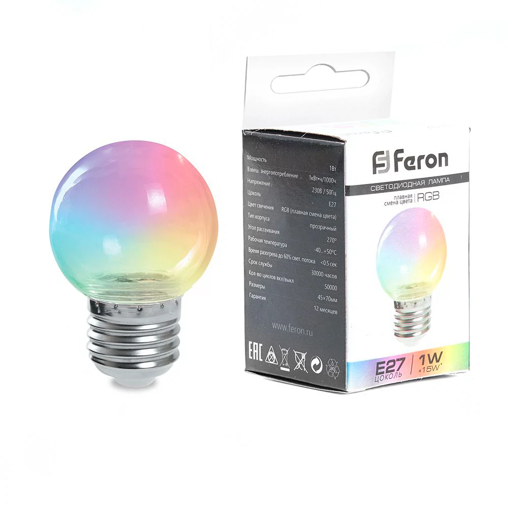Изображение товара Лампа светодиодная Feron LB-37 Шарик прозрачный E27 1W 230V RGB плавная смена цвета Изображение товара Лампа светодиодная Feron LB-37 Шарик прозрачный E27 1W 230V RGB плавная смена цвета