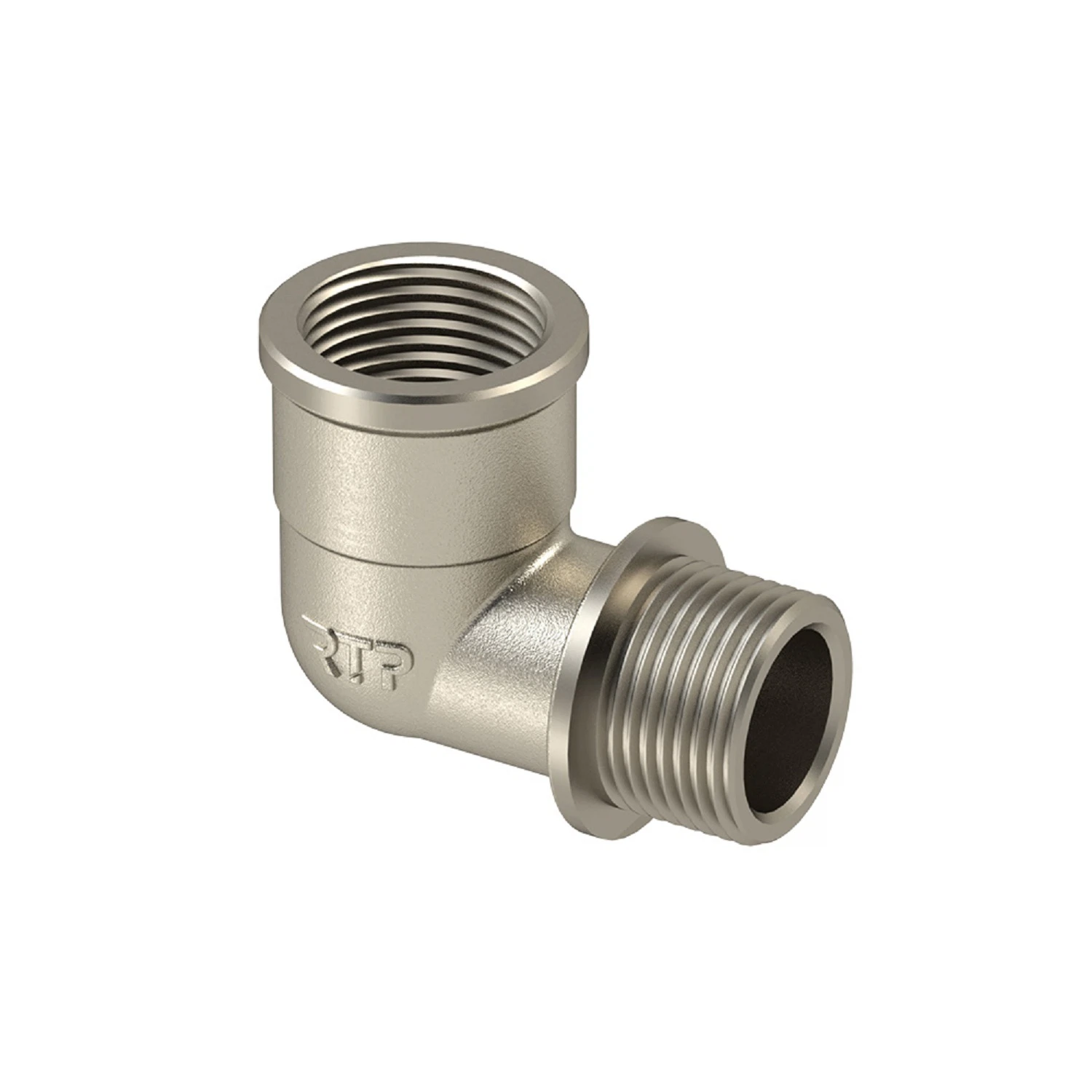 Изображение товара Угольник, латунь, внутренняя/наружная резьба 3/4"х90°, индивидуальная упаковка, никель, RTP