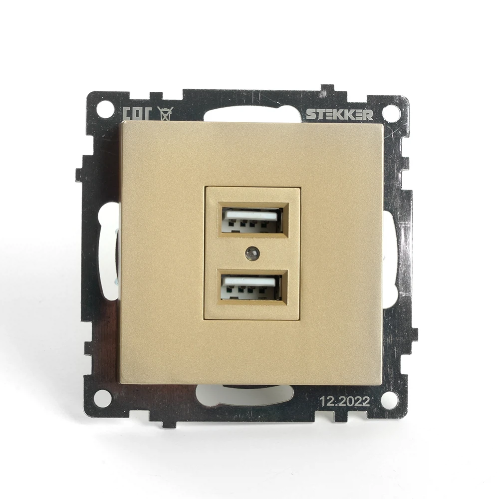 Изображение товара Розетка 2-местная USB (механизм), STEKKER, GLS10-7115-08, 250В, 2,1А, серия Катрин, золото