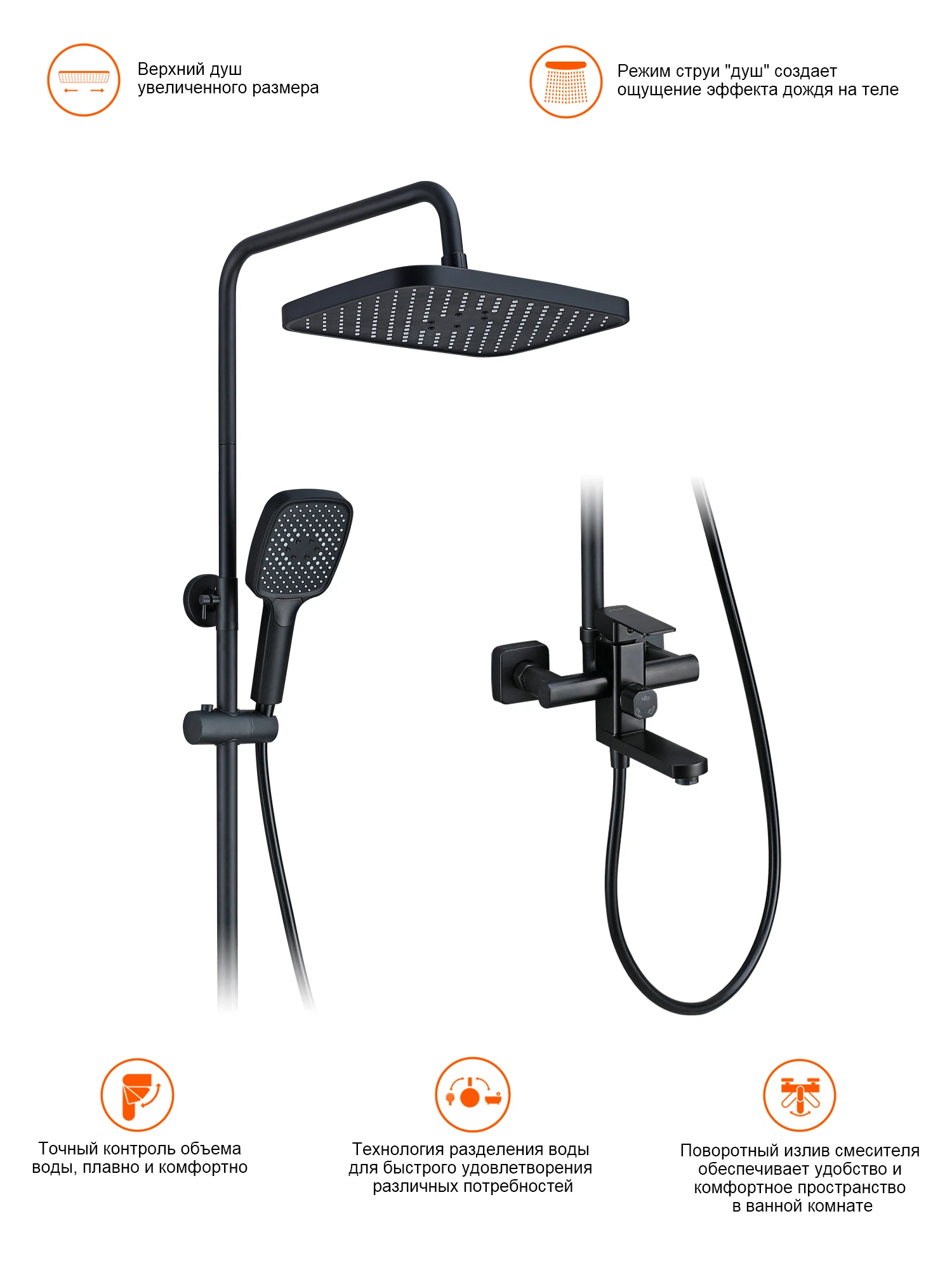 Изображение товара Душевая система Prohanss P60.24.06 черная для ванны и душа с тропическим душем