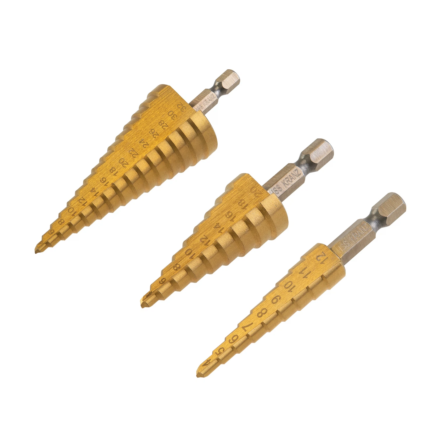 Изображение товара Набор ступенчатых сверл 4-12мм, 4-20мм, 4-32мм, HSS-TiN, ТИТАН, 3 шт. KRANZ