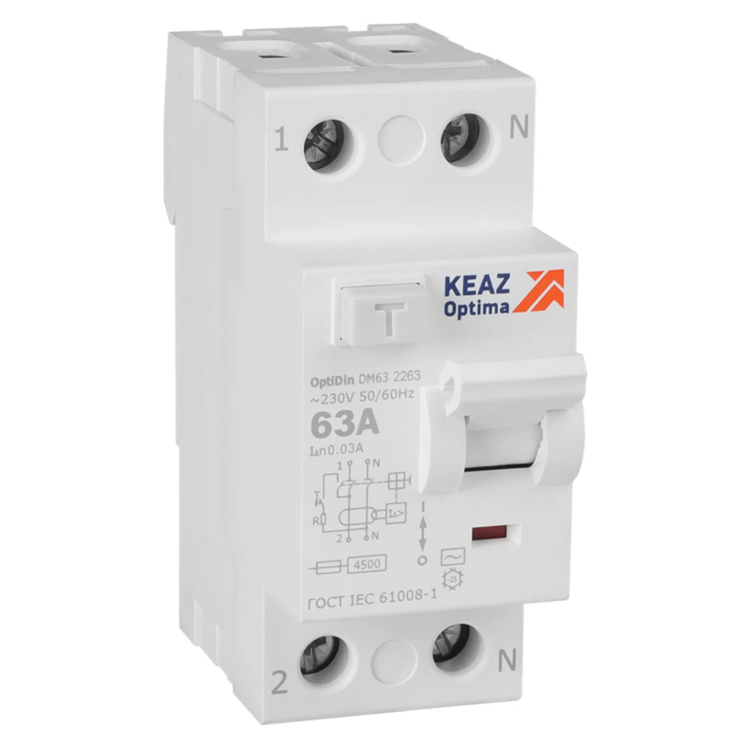 Изображение товара Устройство защитного отключения КЭАЗ OptiDin DM63-2263-AC-4,5-УХЛ4  двухполюсное 63 А 30 мА