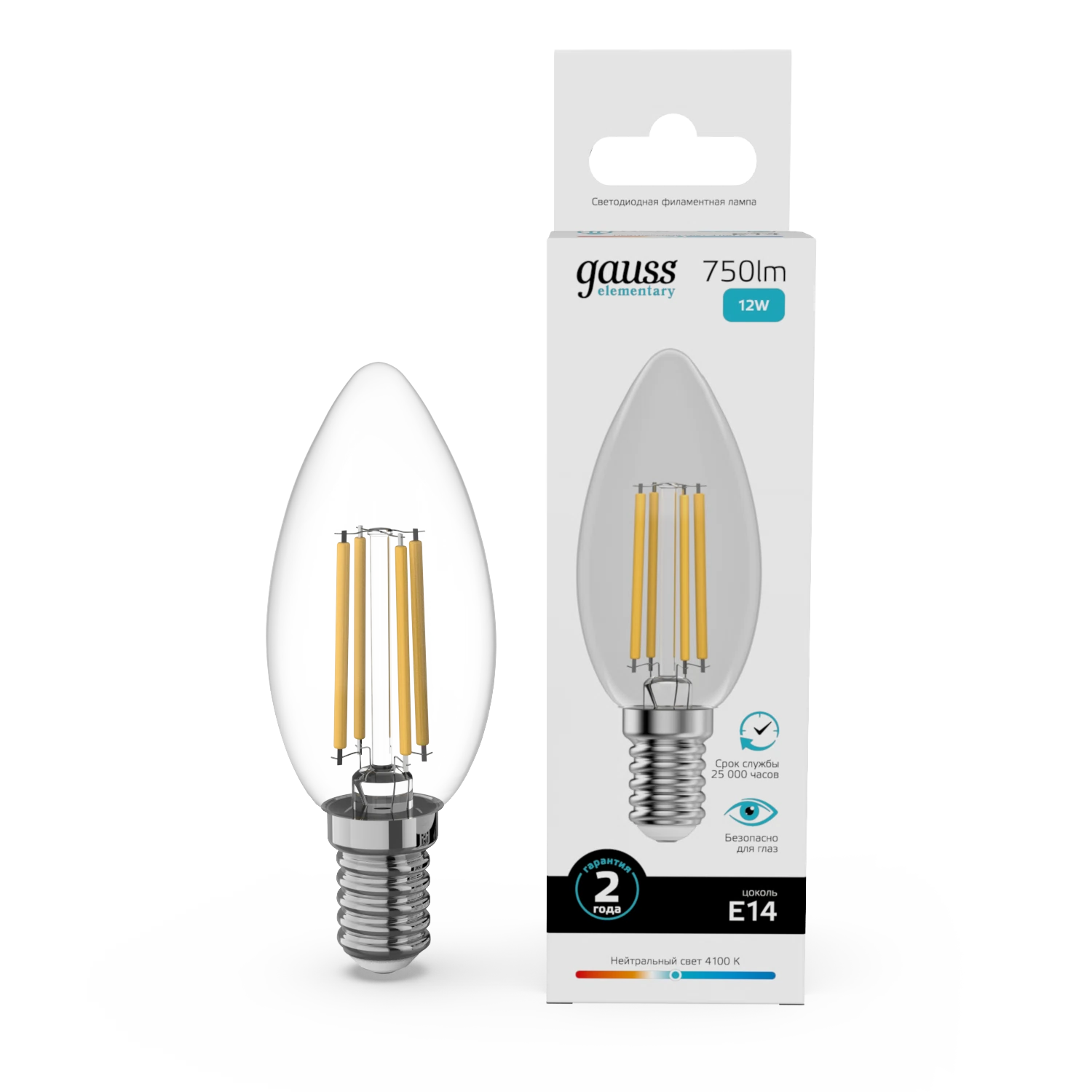 Изображение товара Лампа Gauss Filament Elementary Свеча 12W 750lm 4100К Е14 LED 1/10/100 Изображение товара Лампа Gauss Filament Elementary Свеча 12W 750lm 4100К Е14 LED 1/10/100