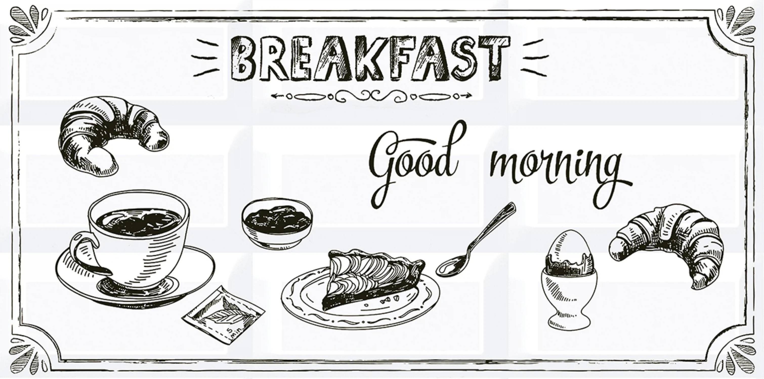 Изображение товара Декор для стен Breakfast1 20,1х40,5 из керамики черно-белый стильный дизайн