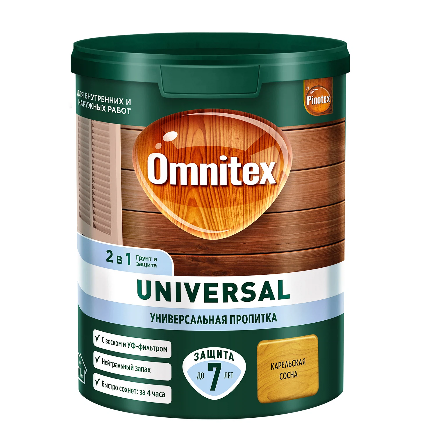 Изображение товара Универсальная пропитка для древесины 2 в 1 OMNITEX by PINOTEX Universal карельская сосна 0,9л