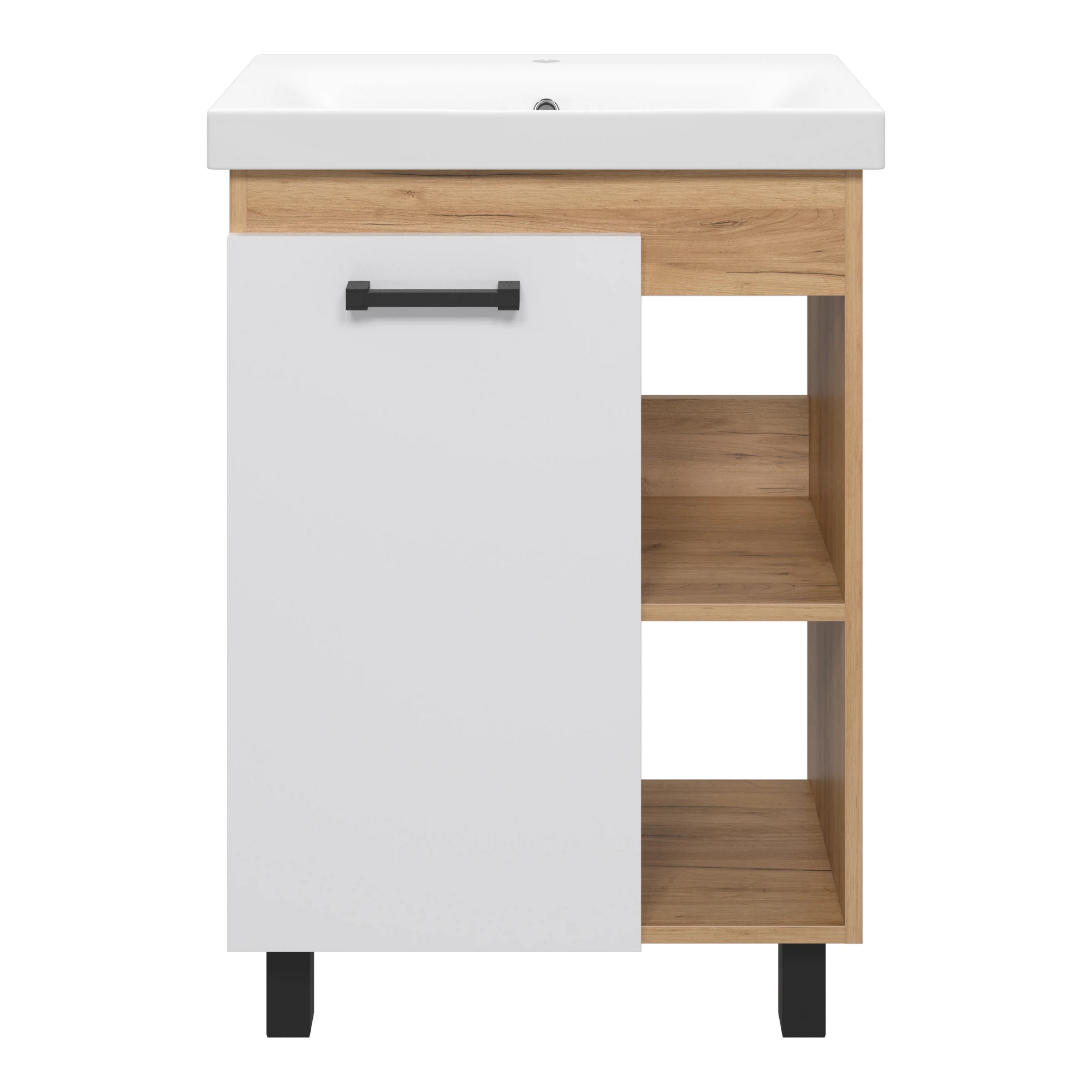 Изображение товара Тумба для ванной комнаты Крафт 60 с раковиной и открытыми нишами, современный дизайн