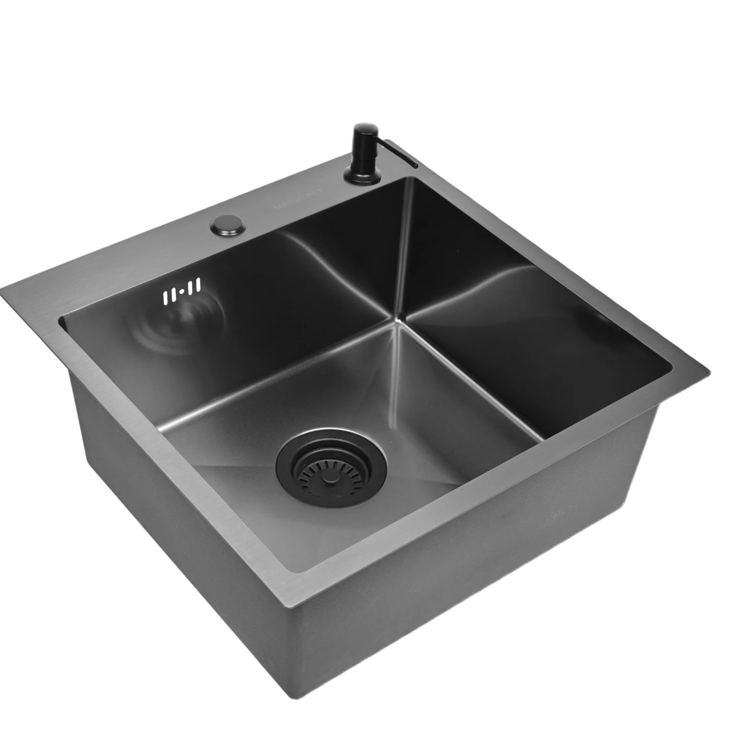 Изображение товара Мойка для кухни нержавеющая 50х50, с PVD покрытием графит. Сифон с ситечком, дозатор. WGS35050B/WGER019B/W405B