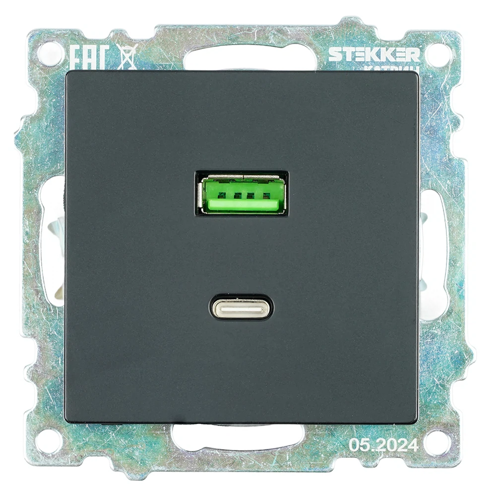 Изображение товара Розетка 2-местная USB + type C (механизм), STEKKER GLS10-7116-05, 250B, 3А, серия Катрин, черный