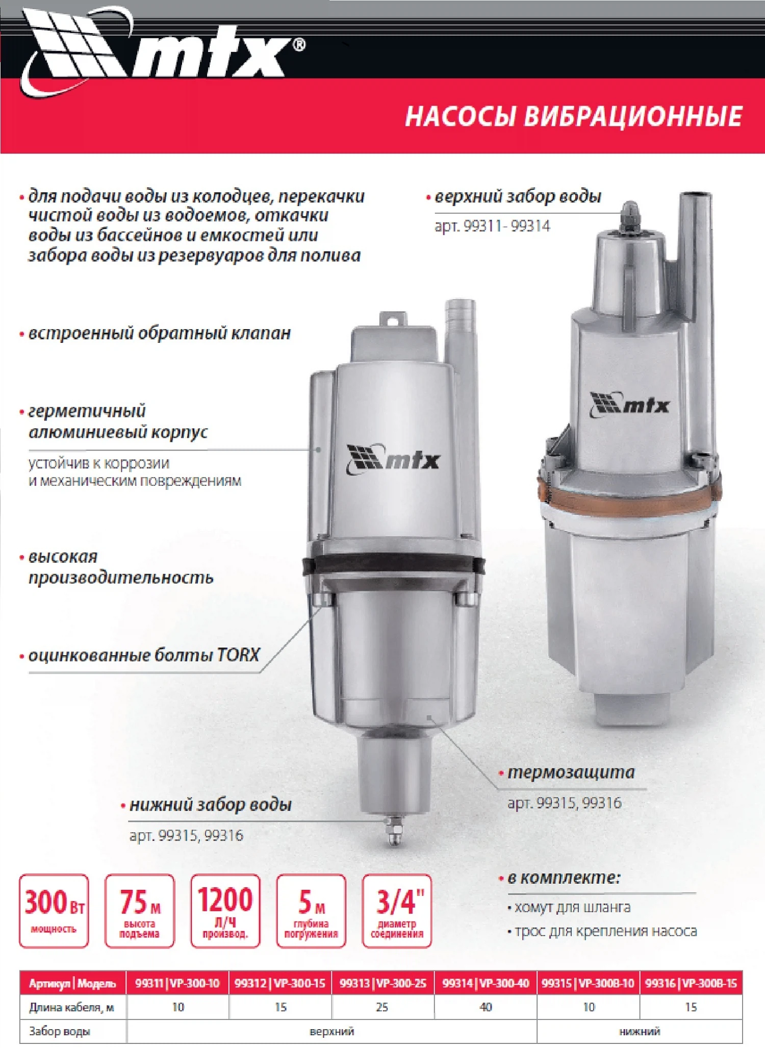 Изображение товара Вибрационный насос VP-300-25, верхний забор, 300 Вт, напор 75 м, 1200 л/ч, кабель 25 м. MTX 99313