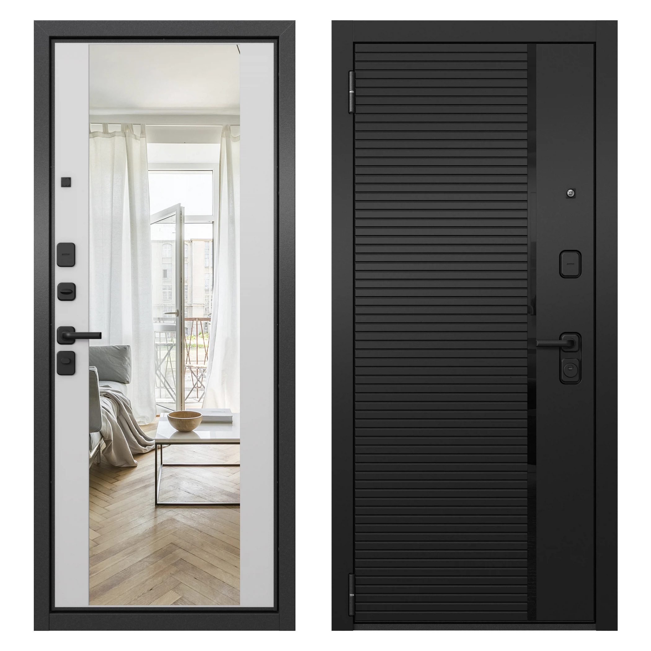 Изображение товара Дверь входная Мастино Мадрид, Левая, 960*2050, Антрацит букле, МДФ Черный матовый, Белый софт,с зеркалом