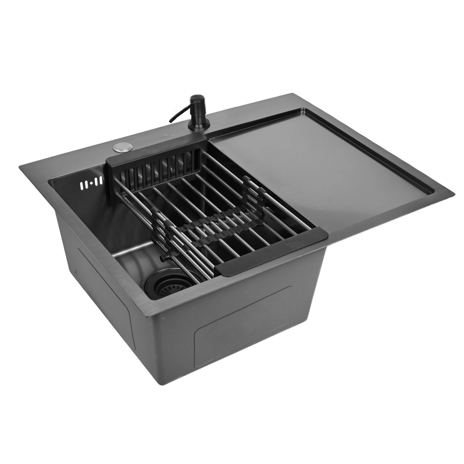 Изображение товара Мойка для кухни нержавеющая 78х51, с PVD покрытием графит, с правым крылом. Сифон с ситечком, коландер.