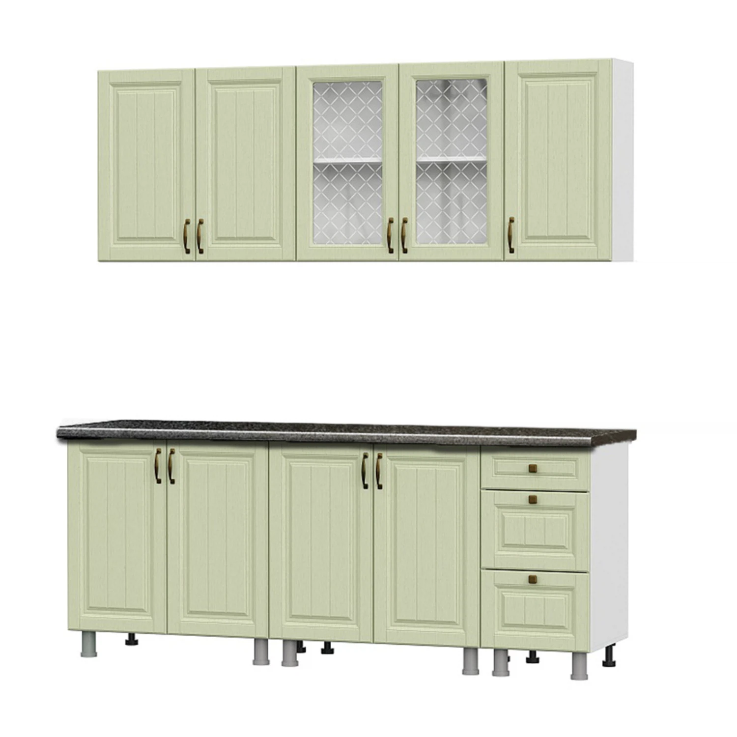 Изображение товара Кухонный гарнитур Прованс 2,0м МДФ со столешницей 26 мм Белый/Фисташковый Черный