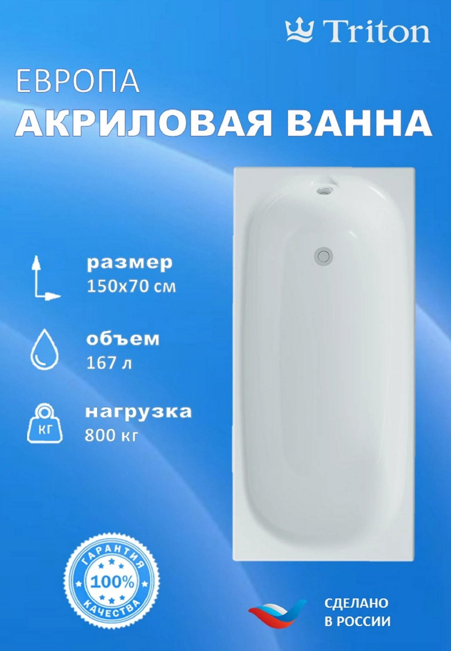 Изображение товара Акриловая ванна Triton Европа 150х70 с гарантией 10 лет