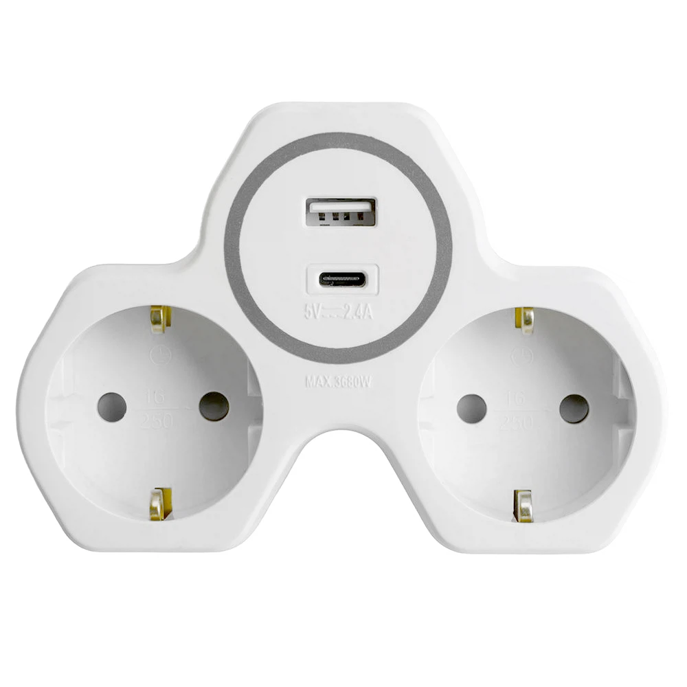 Изображение товара Разветвитель сетевой 2-местный с/з STEKKER ADP16-15-20, 250V, 16A и USB+Type C на 2.4А, белый/серый Изображение товара Разветвитель сетевой 2-местный с/з STEKKER ADP16-15-20, 250V, 16A и USB+Type C на 2.4А, белый/серый