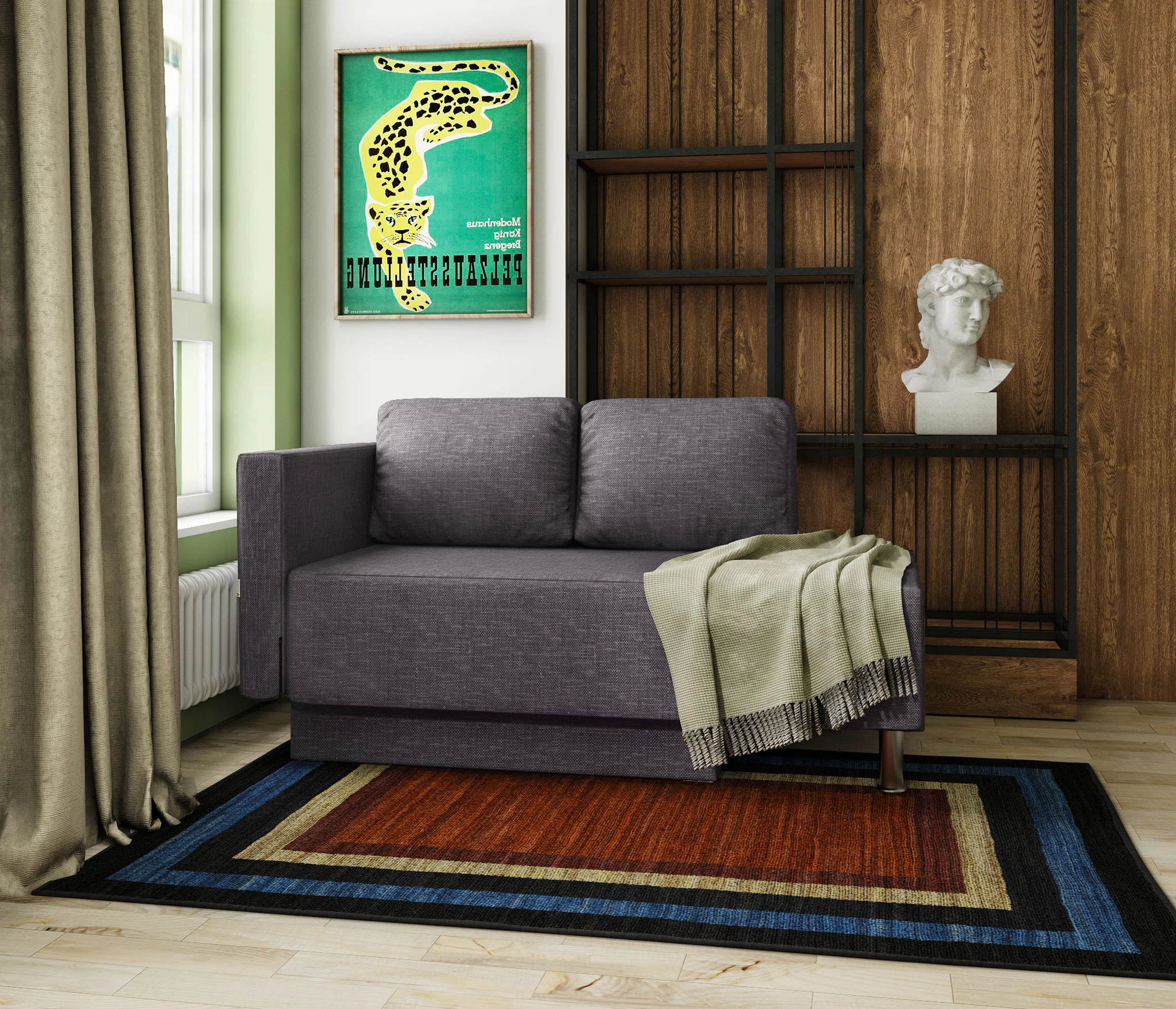 Изображение товара Кушетка Леон левый рогожка серый с механизмом еврокнижка и бельевым ящиком