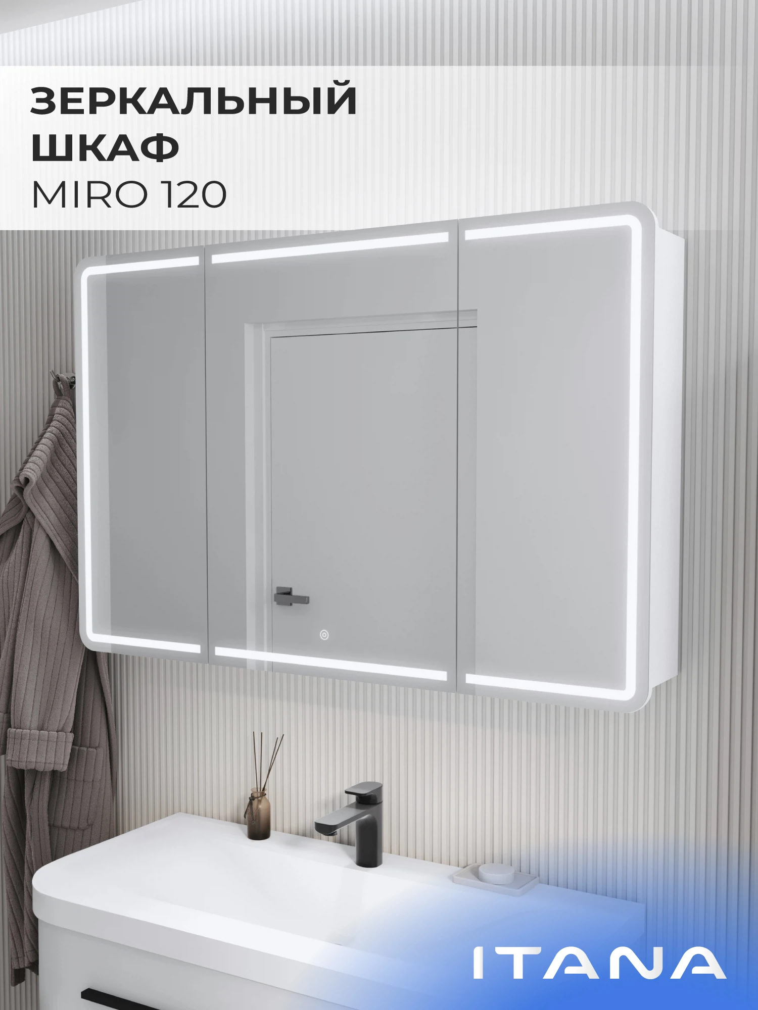 Изображение товара Зеркальный шкаф с подсветкой ИТАНА Миро 120 Белый, трехдверный