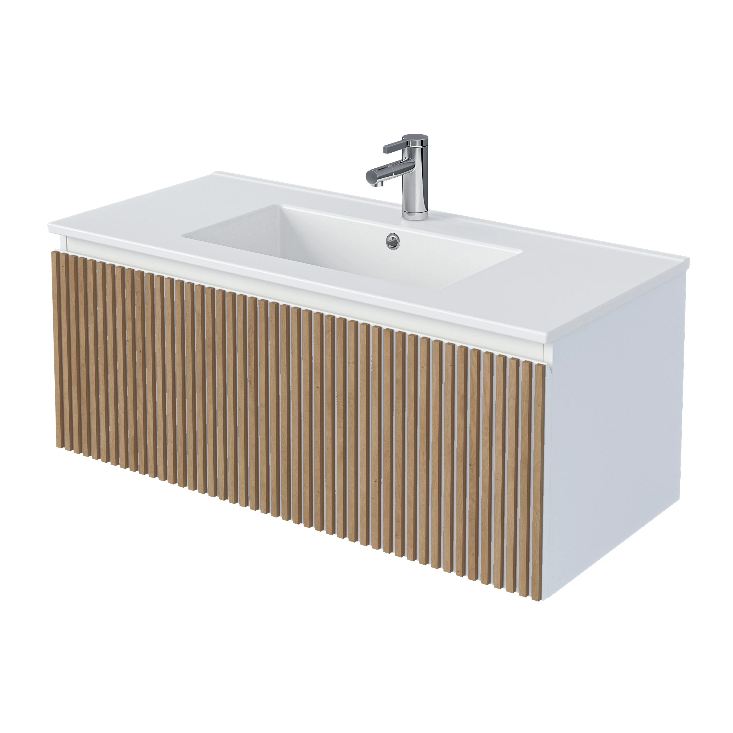 Изображение товара Тумба под раковину 1Marka Row 100П белая с рейками дуба подвесная