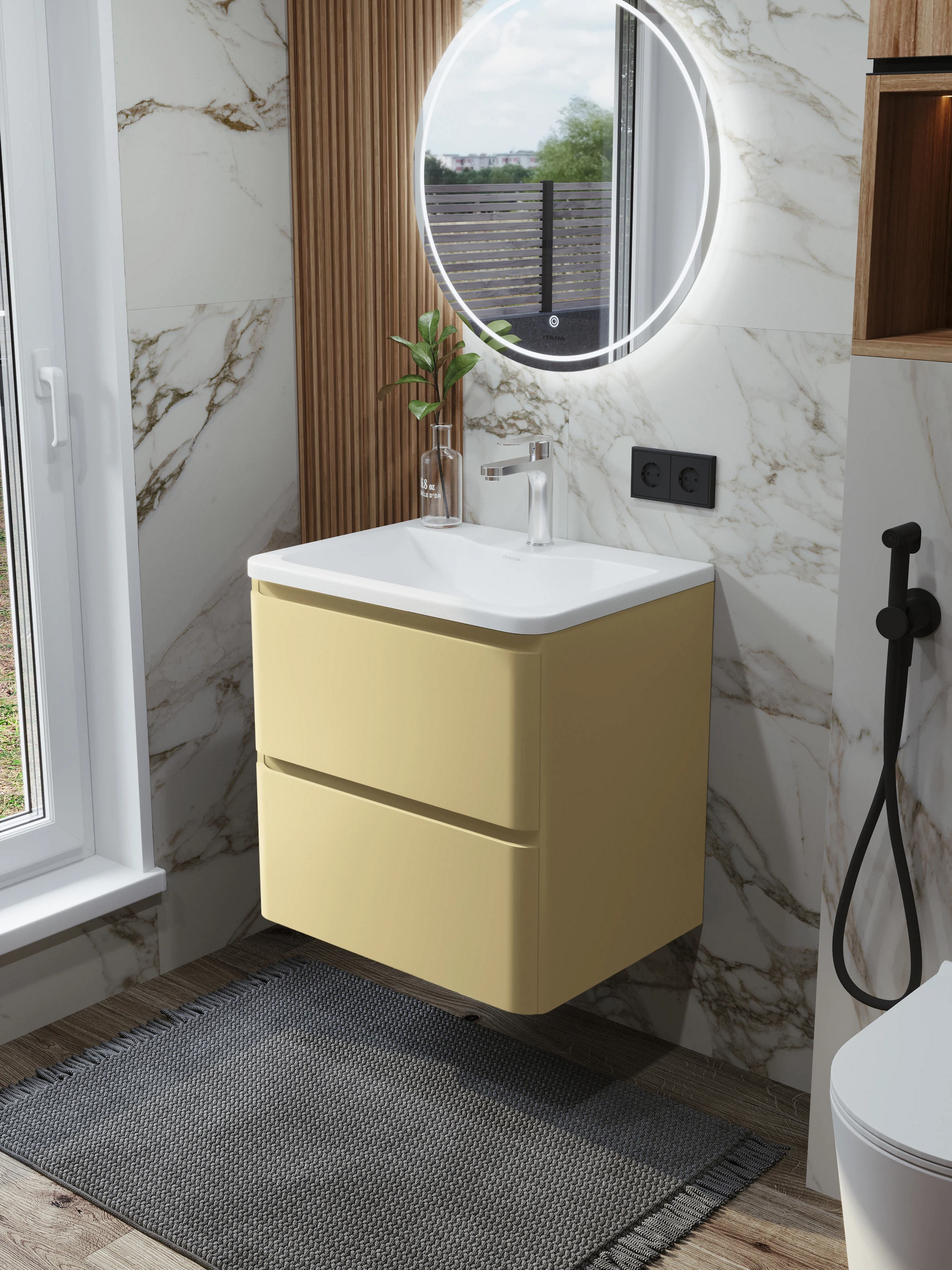 Изображение товара Подвесная тумба с раковиной Итана Roberto 60 RAL 1014 современное решение для ванной