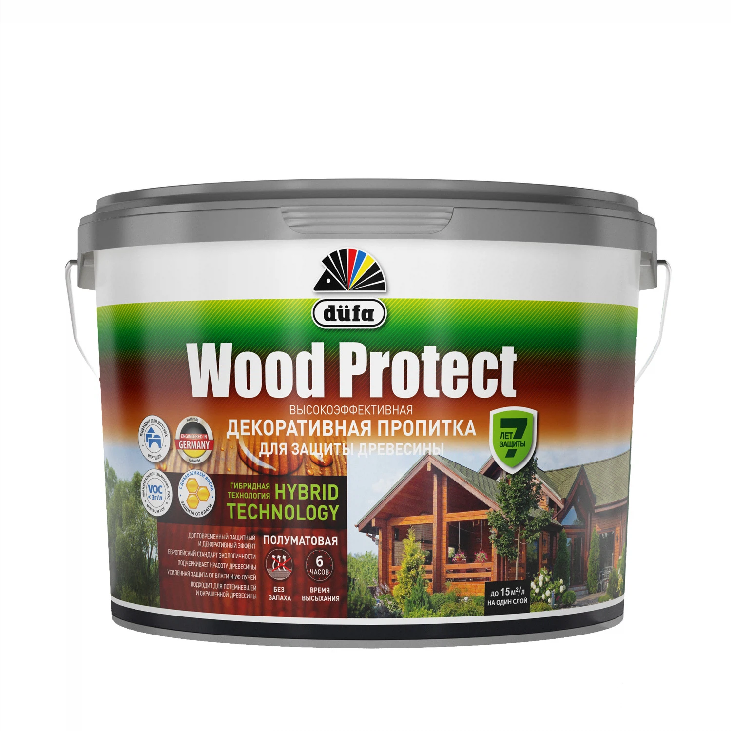 Изображение товара Антисептик Dufa Wood Protect бесцветная 9 л — защитная пропитка для дерева внутренние и наружные ра