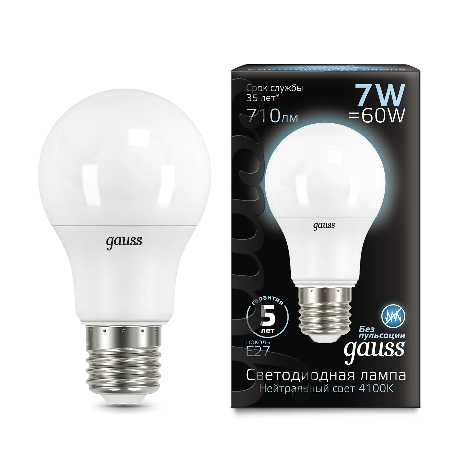 Изображение товара Лампа Gauss A60 7W 710lm 4100K E27 LED 1/10/50 Изображение товара Лампа Gauss A60 7W 710lm 4100K E27 LED 1/10/50
