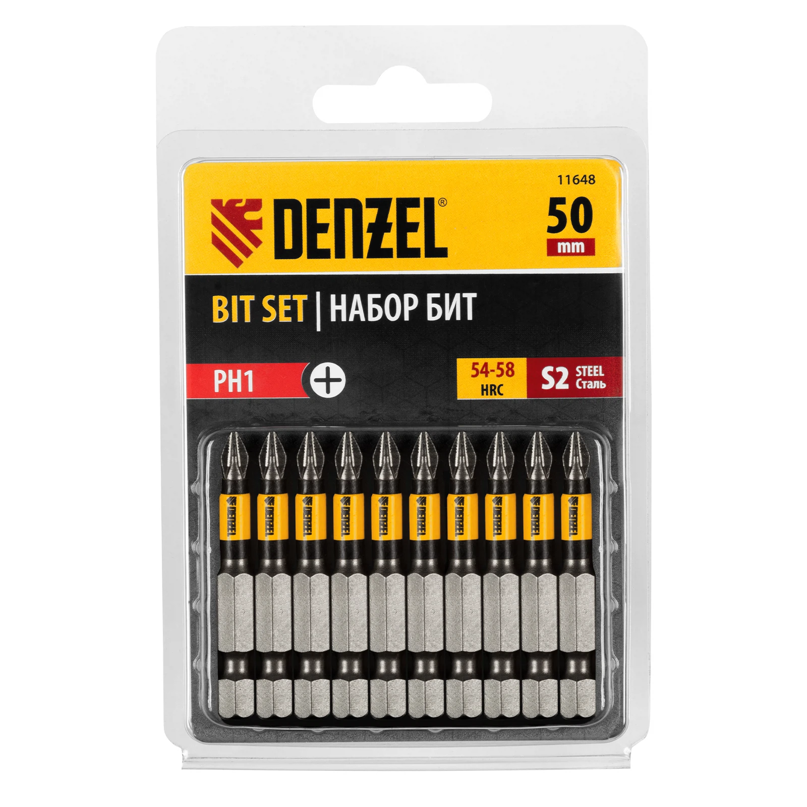 Изображение товара Набор бит PH1х50, сталь S2, круглый профиль, 10 шт., Denzel 11648