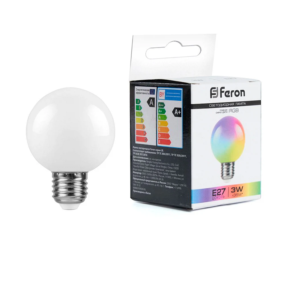 Изображение товара Светодиодная лампа Feron LB-371 RGB 3W шар матовая E27 для декоративного освещения