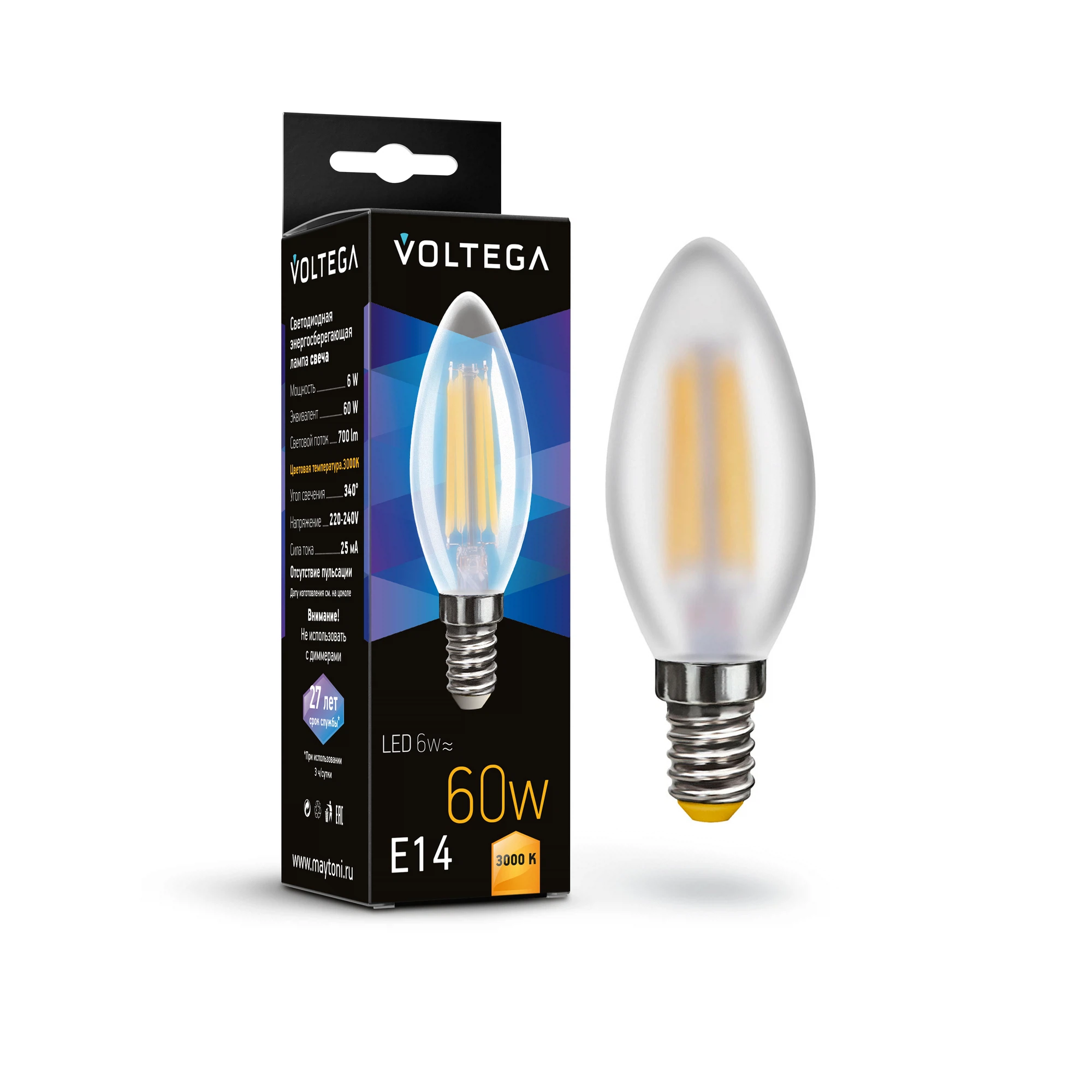 Изображение товара Светодиодная свеча лампа VOLTEGA 6W 3000K E14 теплый свет