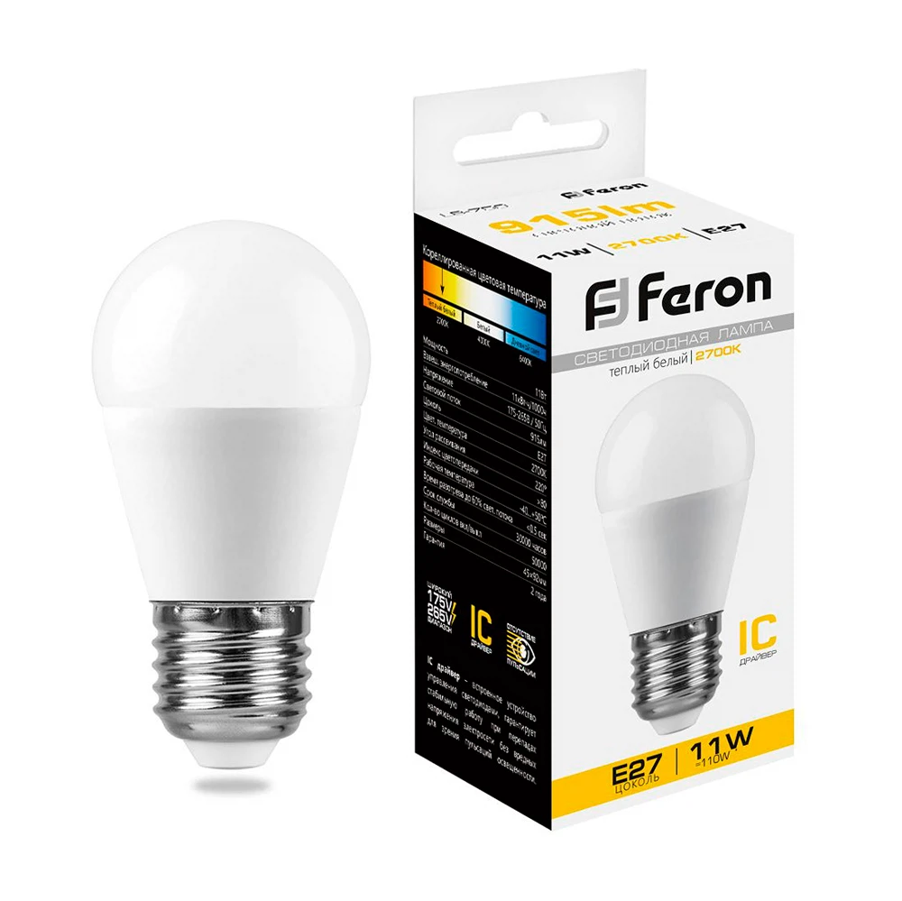 Изображение товара Лампа светодиодная Feron LB-750 Шарик E27 11W Теплый свет 2700K