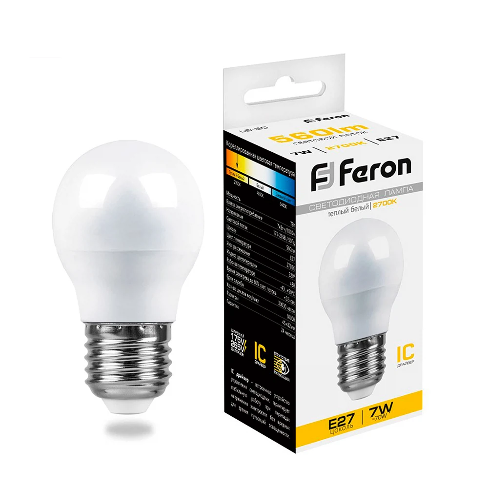 Изображение товара Лампа светодиодная Feron LB-95 Шарик E27 7W 175-265V 2700K