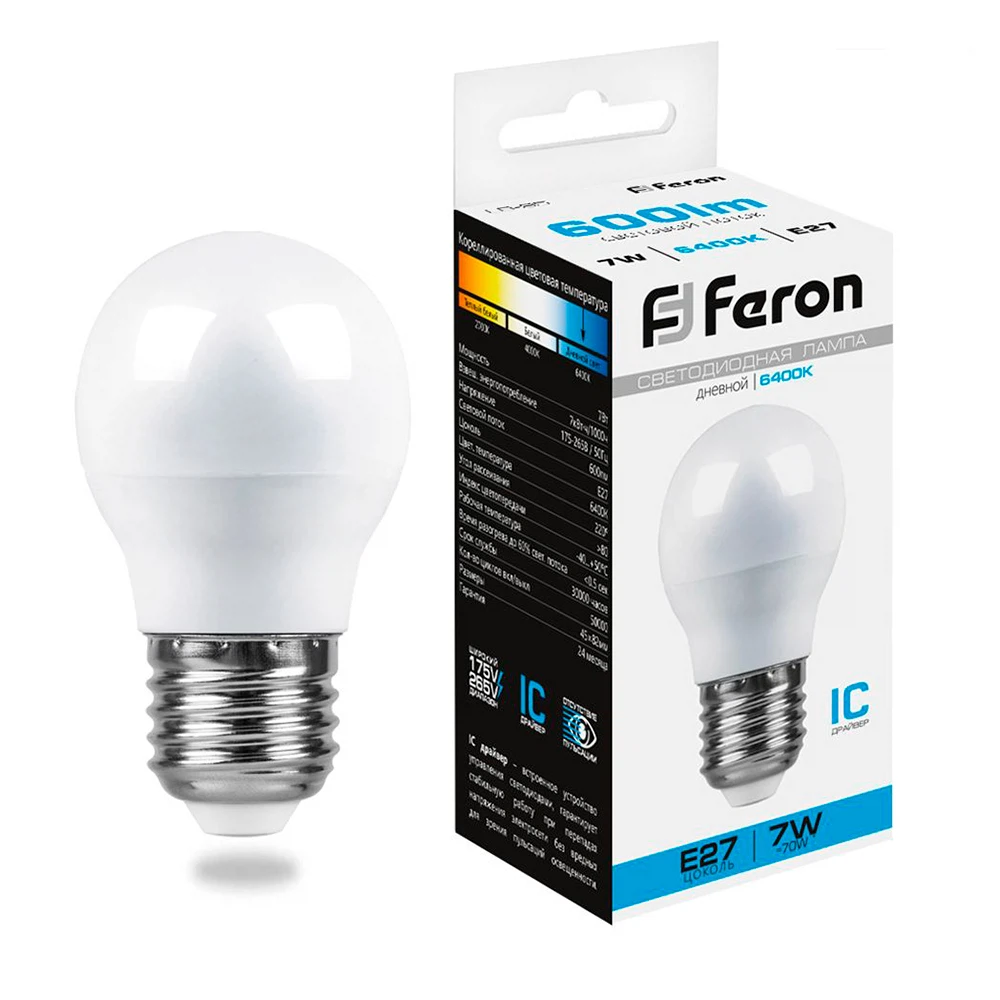 Изображение товара Лампа светодиодная Feron LB-95 Шарик E27 7W 175-265V 6400K