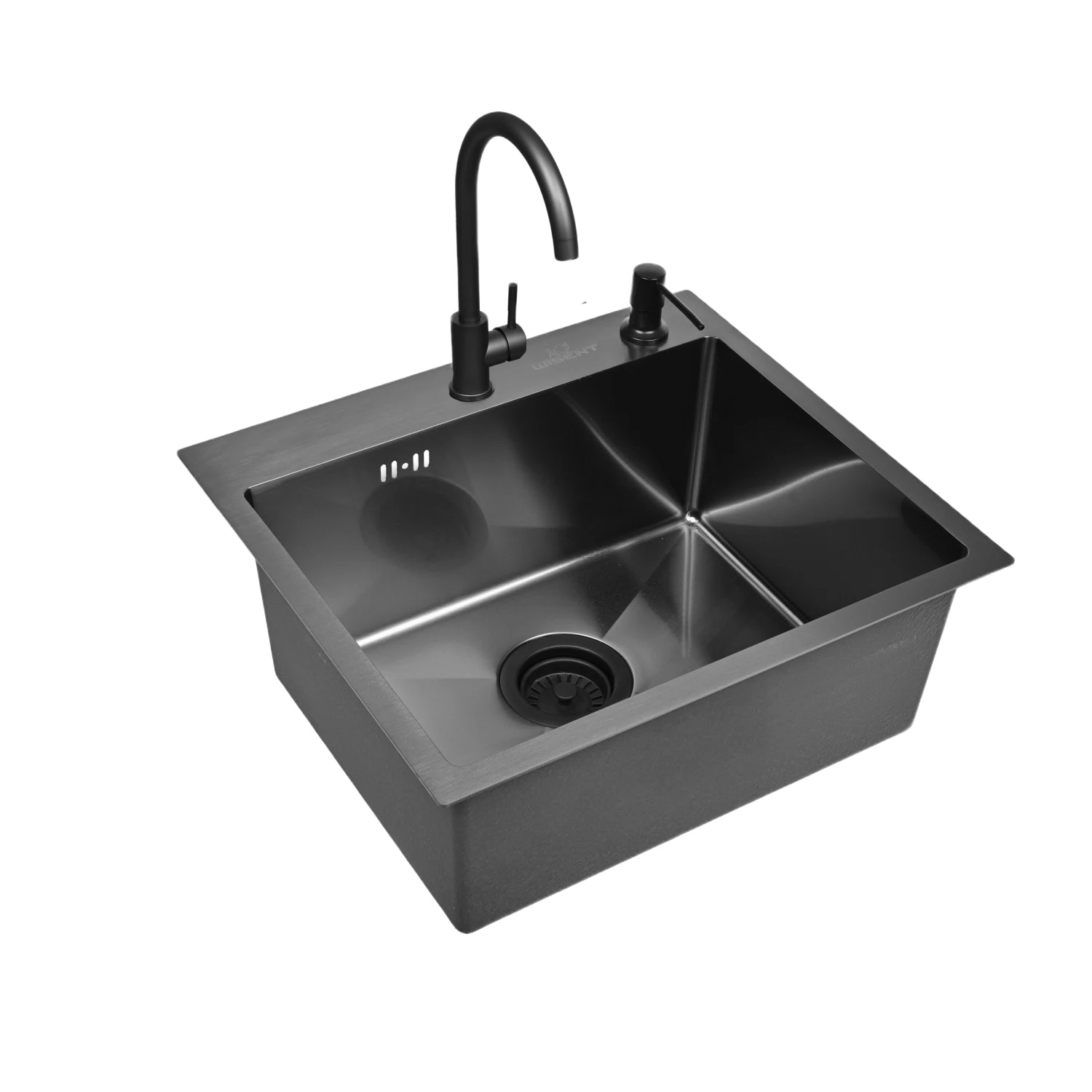 Изображение товара Мойка для кухни нержавеющая 58х48, с PVD покрытием графит. Смеситель, сифон с ситечком, дозатор. WS35848B/WGER019B/W405B/W4998-3-U