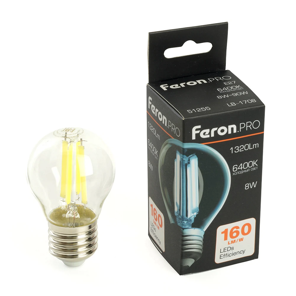 Изображение товара Светодиодная лампа Feron LB-1708 Шарик 8W 6400K E27 холодный белый свет