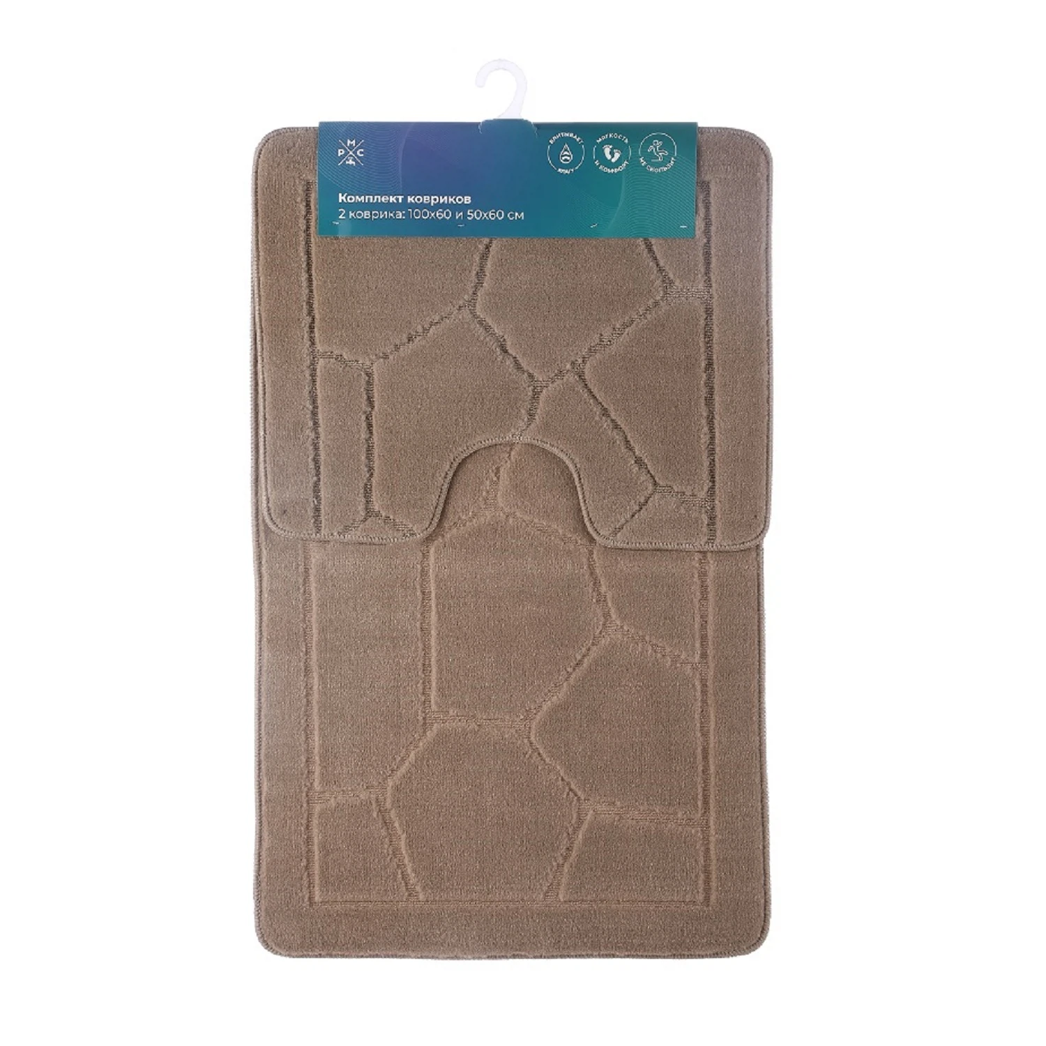 Изображение товара Комплект ковриков для ванной и туалета РМС КК-02БЖ, антискользящие, бежевый