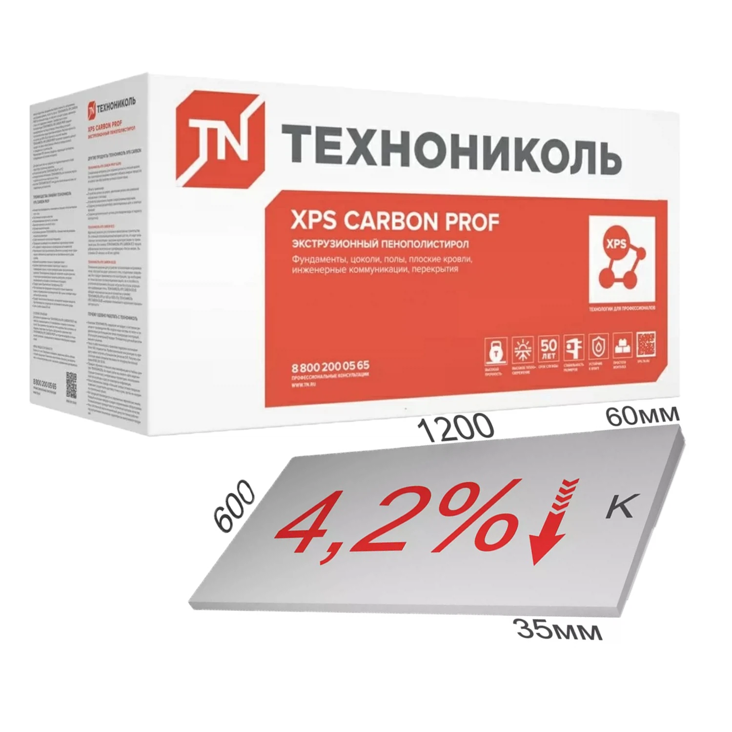 Изображение товара Плиты пенополистирола экструдированного XPS ТЕХНОНИКОЛЬ CARBON PROF SLOPE 1200х600х35 6.949 кг